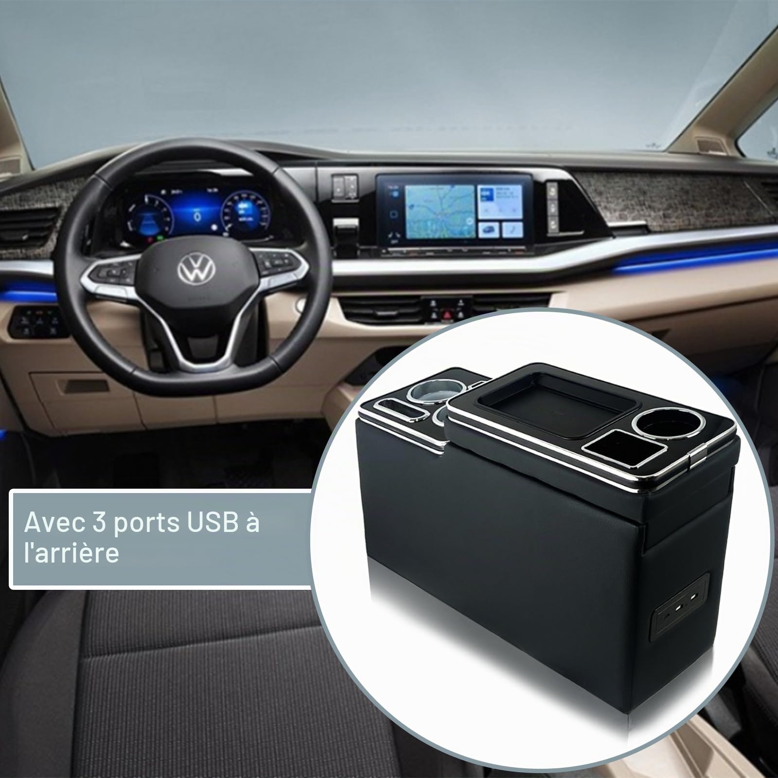 Console Centrale avec Lampe LED 7 Couleurs et Recharge Inductive Sans Fil Compatible VW T4 T5 T6 T7 t6.1 2003-2019, Accoudoirs avec USB et Lampes LED Accessoires en Cuir, Noir