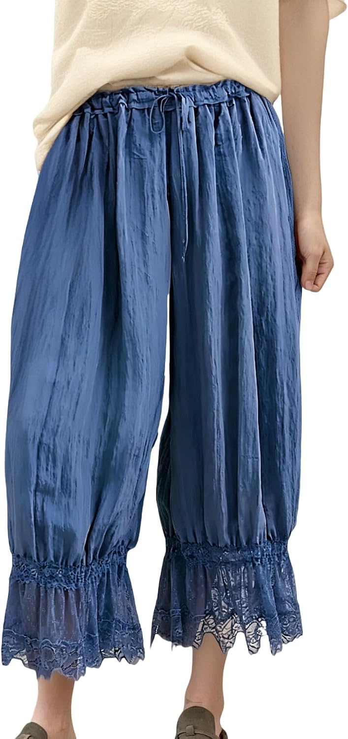 Cropped Lace Pants for Women Ruffle Long Bloomers Flare Lace Trim Pantaloons Vintage Capri Bloomer Pants