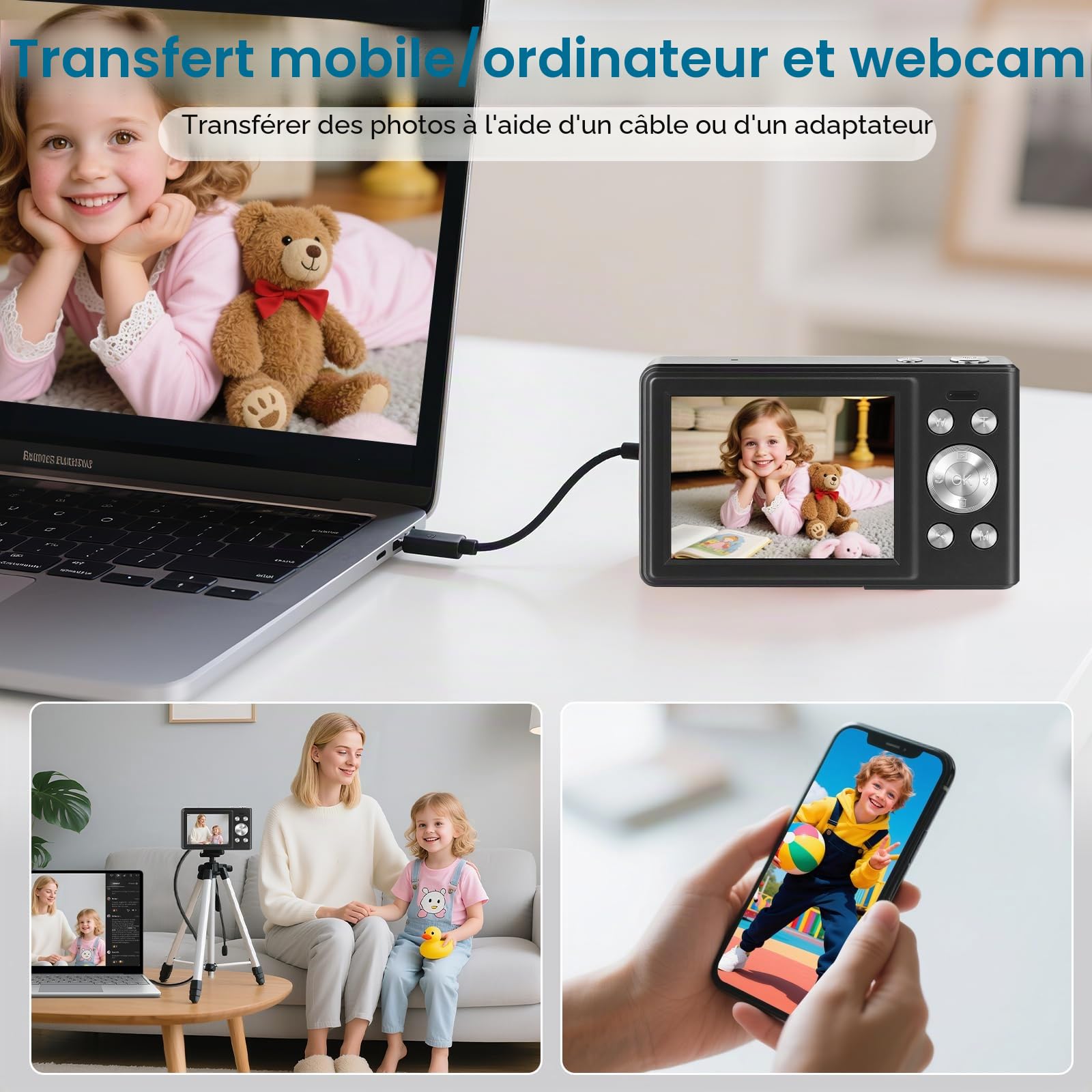 Appareil Photo Numérique 56MP 1080P FHD avec Autofocus, Zoom Numérique 16X, Écran LCD 2,8", Carte SD 32GB & 2 Batteries - Compact et Léger Idéal pour Enfants, Débutants et Voyages (Noir-1)