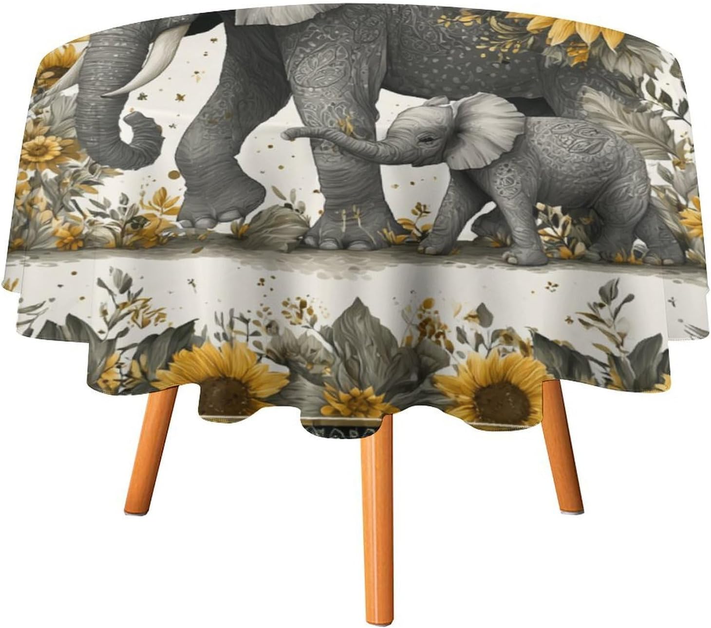 Realistic Cute Elephant Round Table Cloth,Rustic Colorful Spring Garden Elephants Butterfly Floral Sunflowers Polyester Dining Tablecloths Decor Decoration 50"