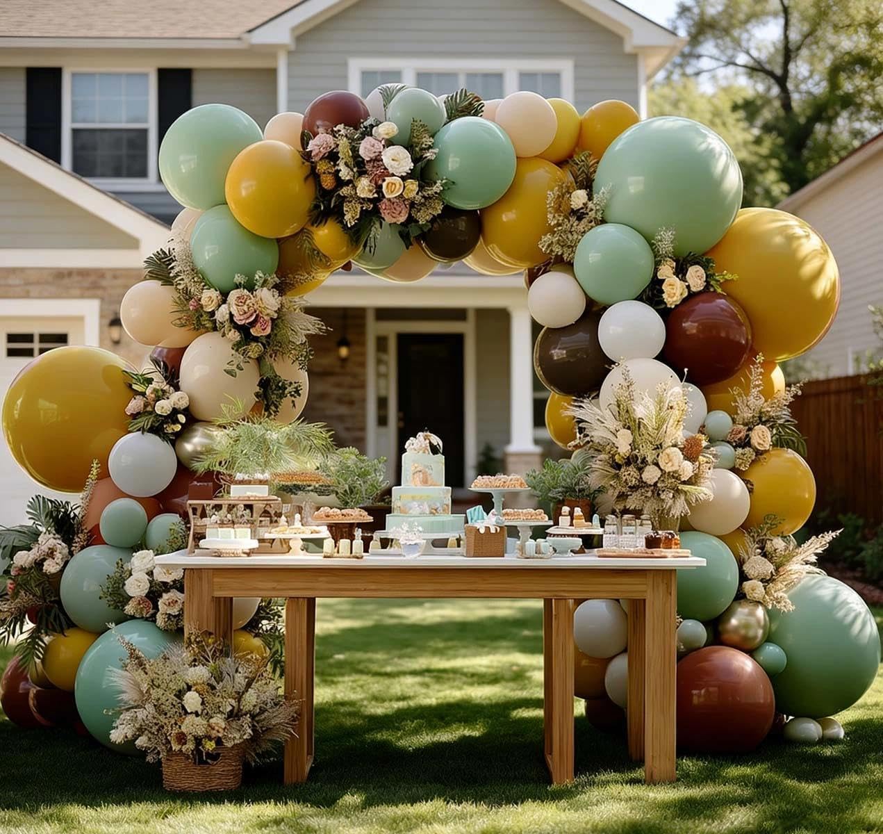 Green Brown Balloon Arch Double Stuffed Latex Sage Green White Gold Balloons Mustard Yellow White Balloon Garland For Birthday Baby Shower Safari Jungle Wooland Garden Theme Party Decor