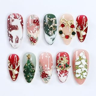 24Pcs Christmas Press on Nails Medium Almond French Tip Fake Nails with 3D Xmas Tree Elk Bell Wreath Designs Glitter Full Cover Stick on Nails Winter False Nails Christmas Glue on Nail for Women