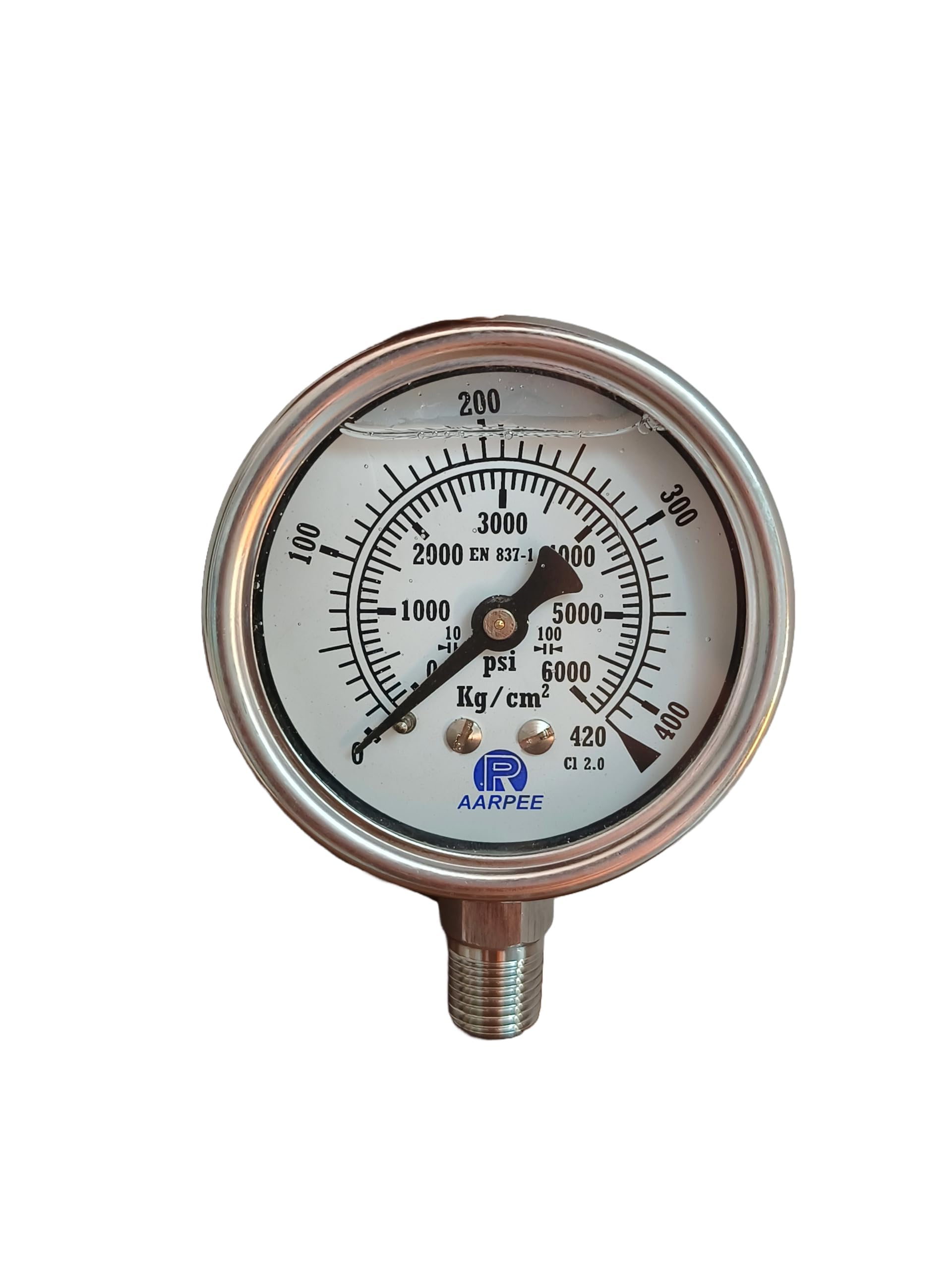 Hydraulic Pressure Gauge, 63mm (2.5inch), 0-6000 PSI (0-420 Kg/cm²), SS304 Casing, +/-2% (1/4" BSP)