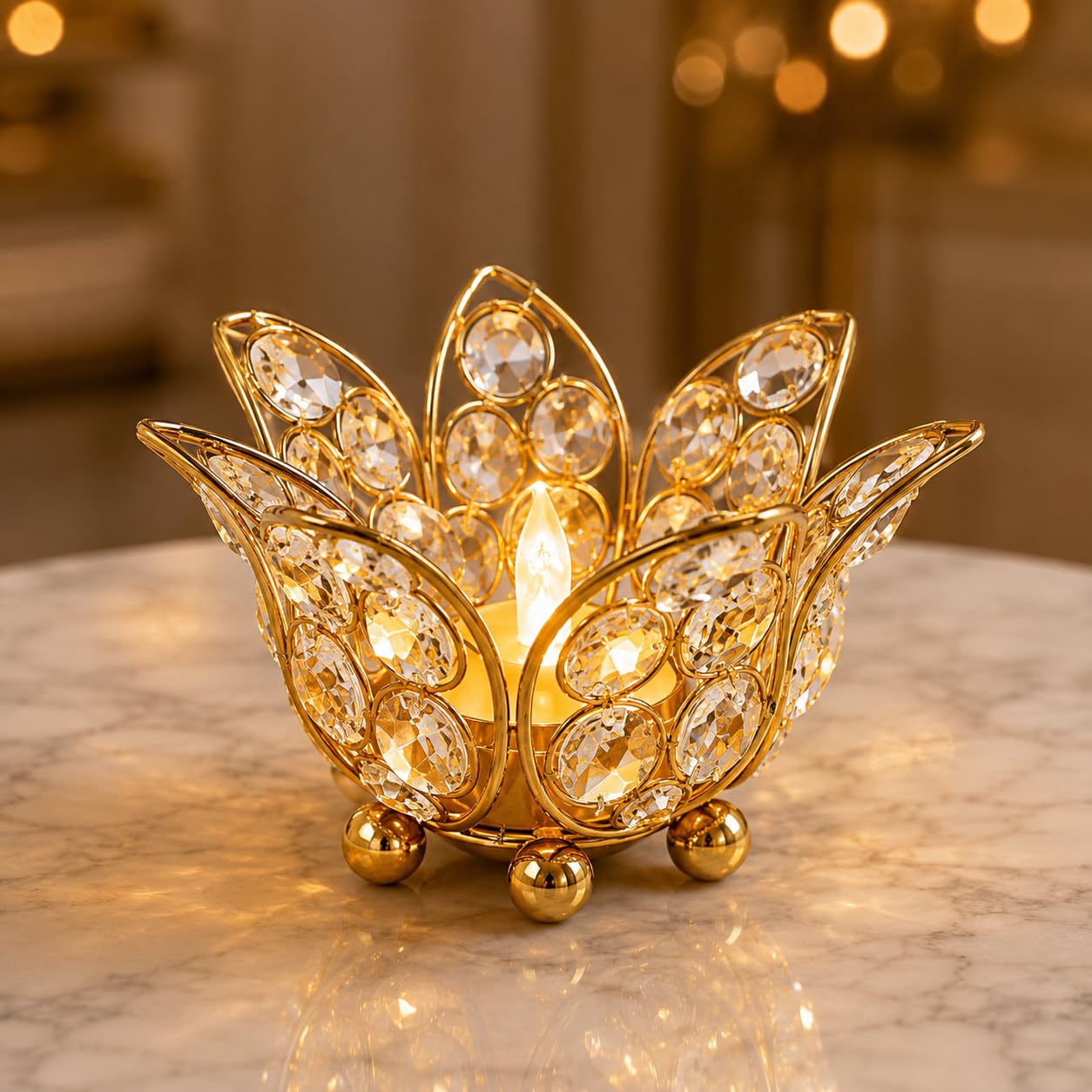 Gold Lotus Crystal Candle Holders - Home Decor -6