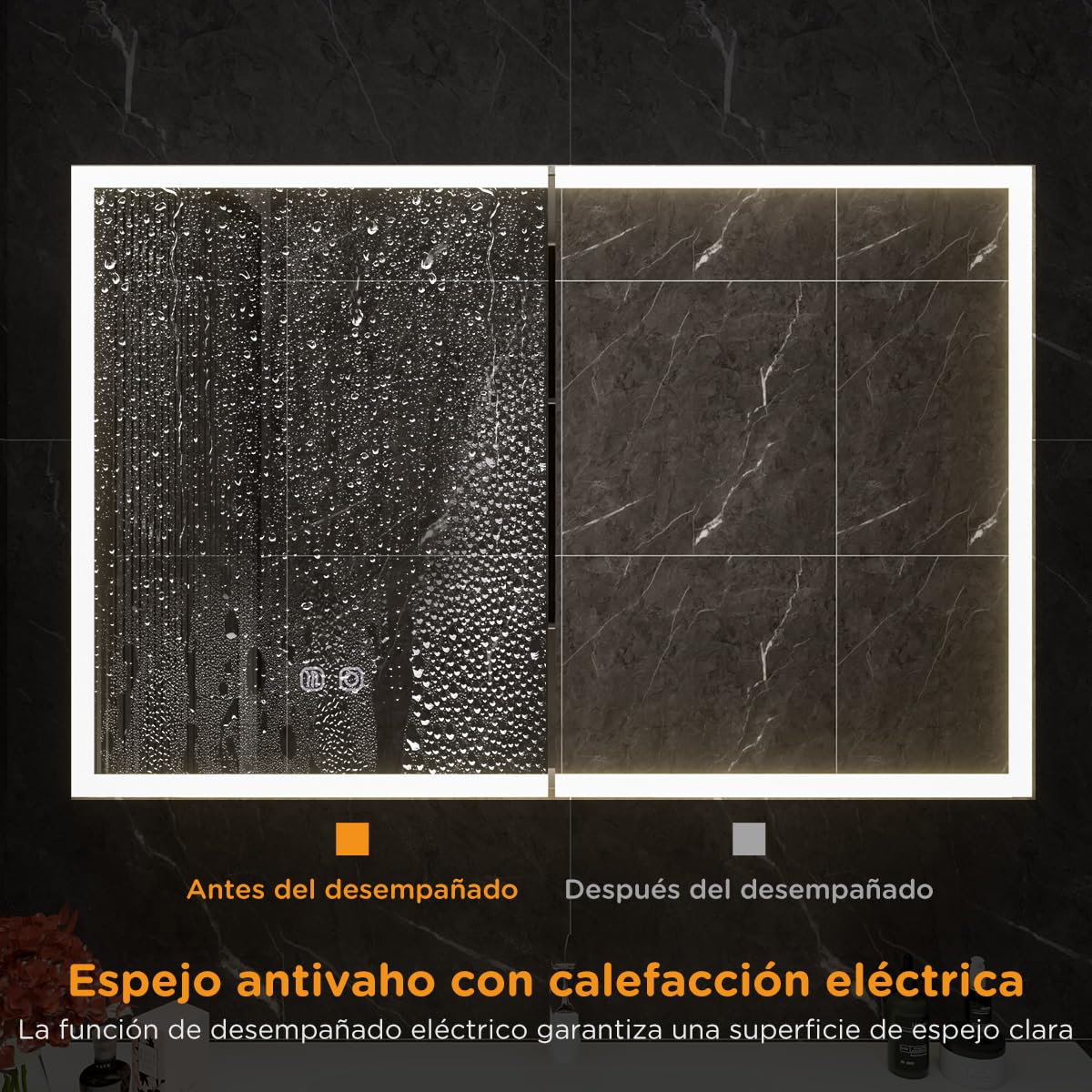 Armario con Espejo para baño con iluminación, 80 x 60 cm, Espejo de baño LED con Estante, Enchufe, antivaho, Interruptor táctil, Montaje en Pared para baño Moderno