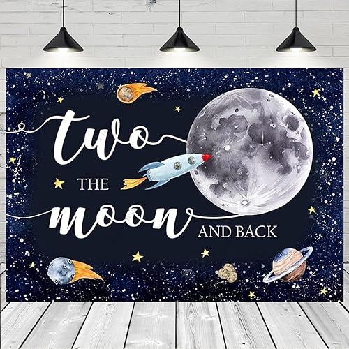 Miniatura 5 de Fondo de feliz cumpleaños del espacio exterior con texto en inglés "Two The Moon", decoración de fiesta de cumpleaños para niños, espacio exterior,