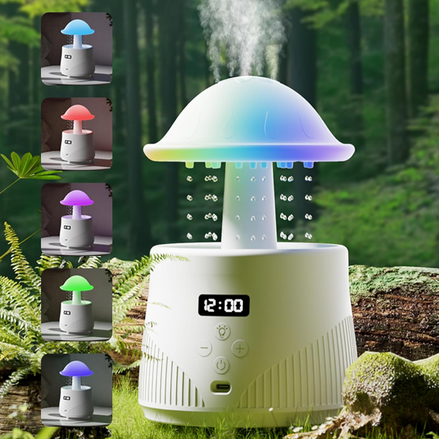 Bedroom Humidifier, Ultrasonic Humidifier with Bluetooth Speaker, Multifunctional 600ml White Noise Humidifiers with RGB Light and Electronic Clock Display for Bedrooms,Offices,Yoga&Fitness (Mushroom)