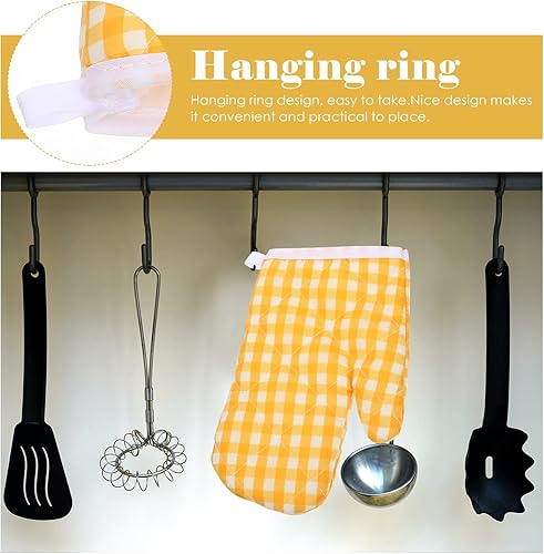 Miniatura 3 de Guantes de cocina para niños, 2 unidades, guantes de cocina para niños, guantes de horno de microondas, guantes de cocina a cuadros amarillos para