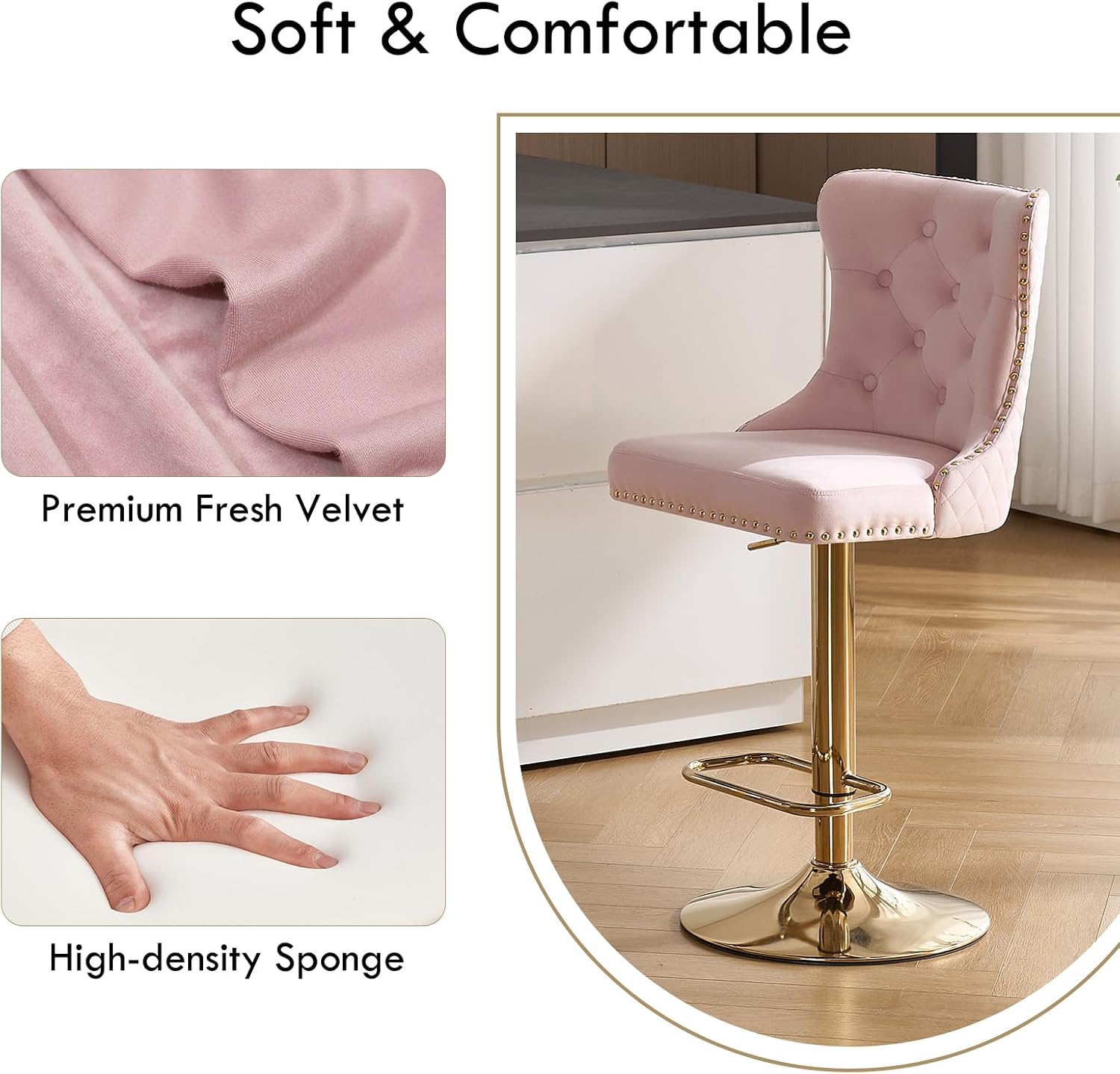 Velvet Bar Stools Set of 2, Adjustable Swivel Bar Stools with Golden Metal Legs and Footrest, Sturdy Steel Base with Rubber Ring for Kitchen Island, Home Bar, Dining Room, Cafe (Pink)