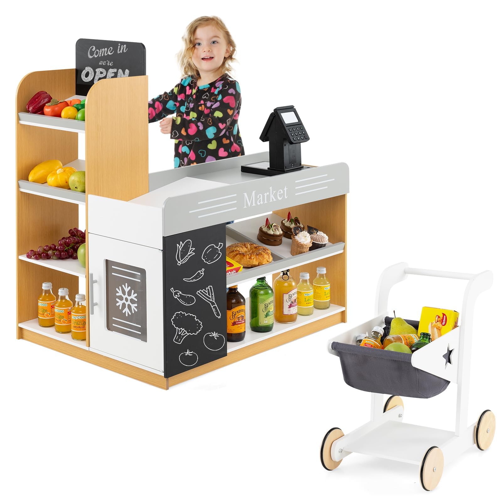 GOPLUS Kaufladen mit Einkaufswagen, Kaufmannsladen mit Kasse & 2 Tafel, Einkaufsladen Kinder mit inkl. Scanner & Kartenlesegerät, Supermarkt Holz, Verkaufsstand für Kinder ab 3 Jahren