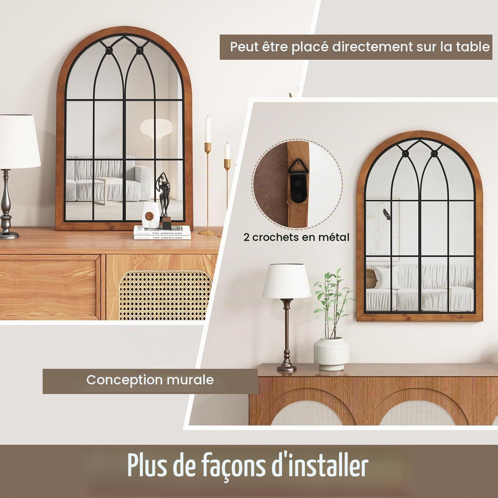 RELAX4LIFE Miroir Mural Arqué, Miroir Fenetre Arche avec Cadre Métallique, Verre Haute Définition, Style Shabby, Décoration Murale Rustique pour Chambre Entrée Salon
