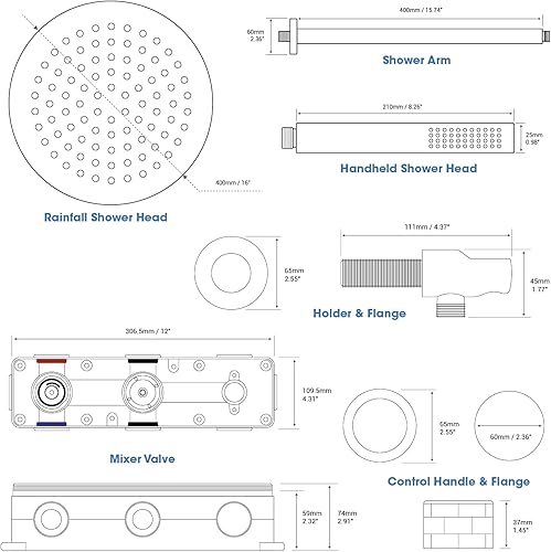 Miniatura 7 de TRUSTMI Kit de molduras de ducha de 16 pulgadas con válvula, sistema de ducha de lluvia de equilibrio de presión, juego de ducha montado en la pared