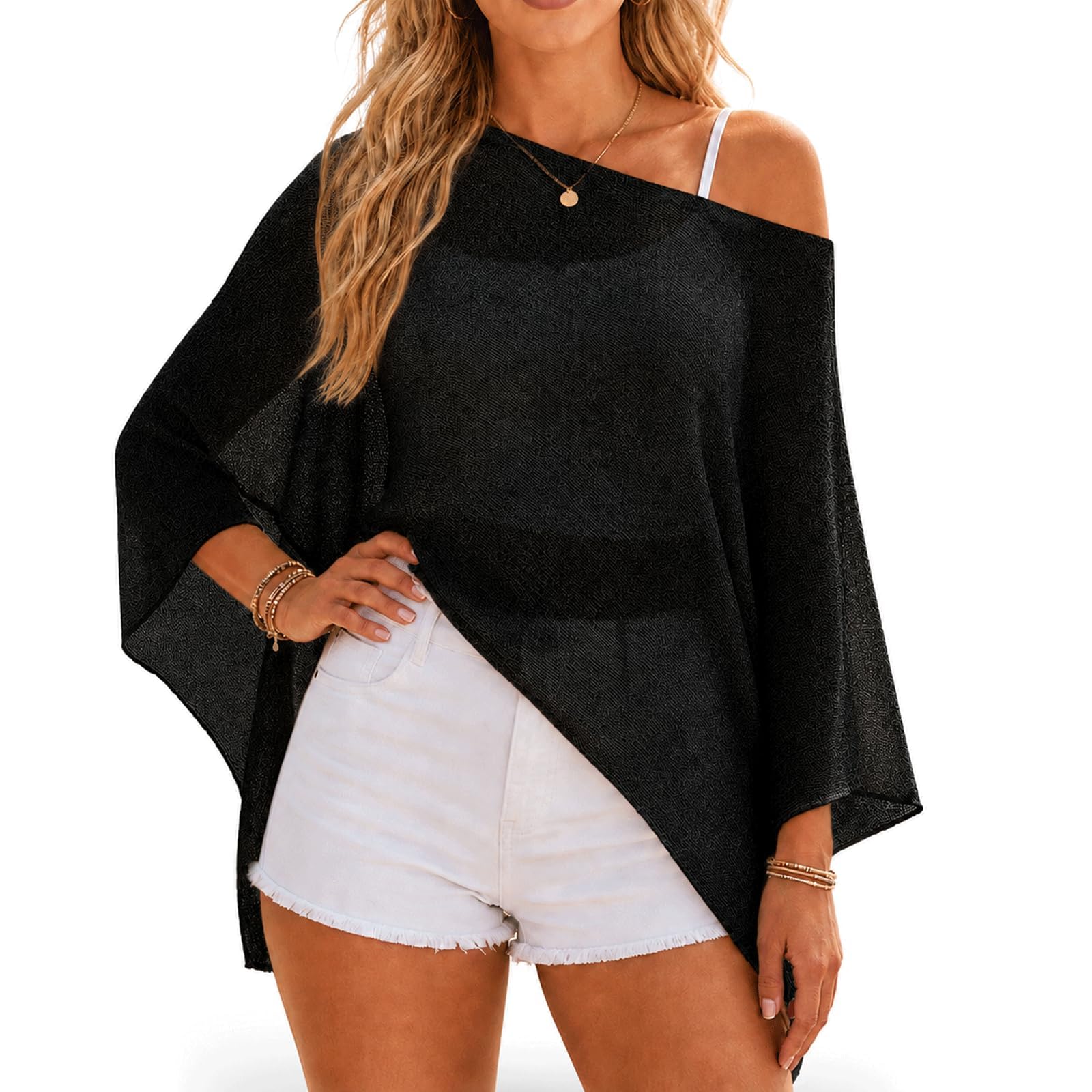 Summer Sheer Poncho Crochet Tops Womens Beach Cover Ups Ladies Crochet Asymmetrical One Shoulder Summer Poncho Tops Beachwear Off White-image-17
