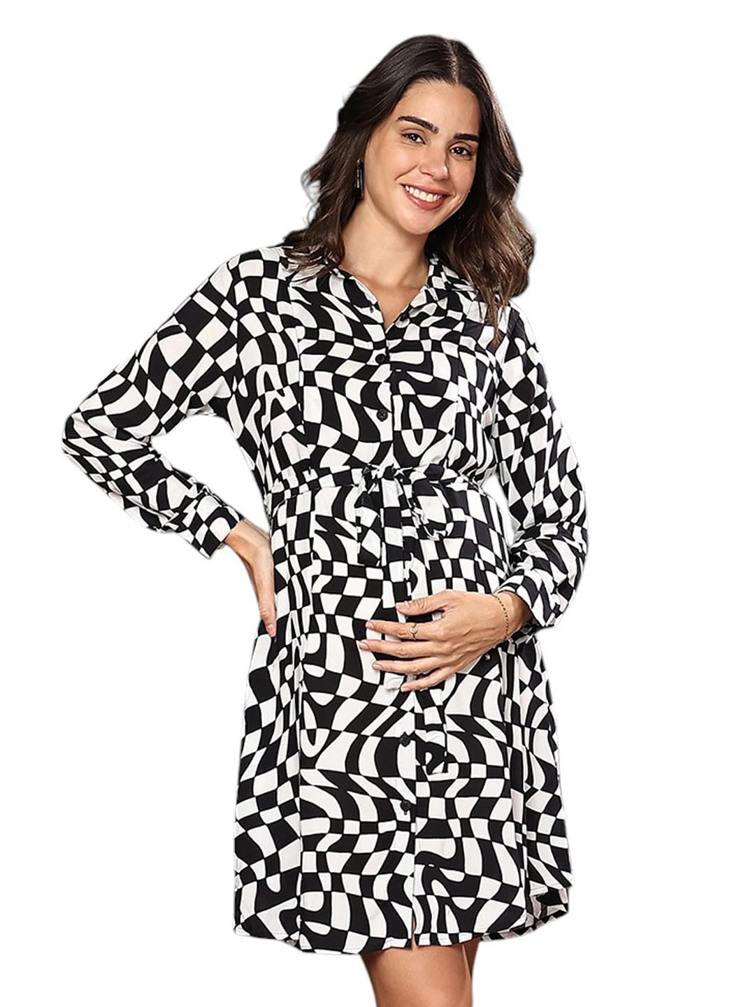 momtobe Women's Rayon Maternity Dress/Western Dress with Zippers for Nursing Pre and Post Pregnancy (Ink Black & Daisy White ; Large)-picture-23