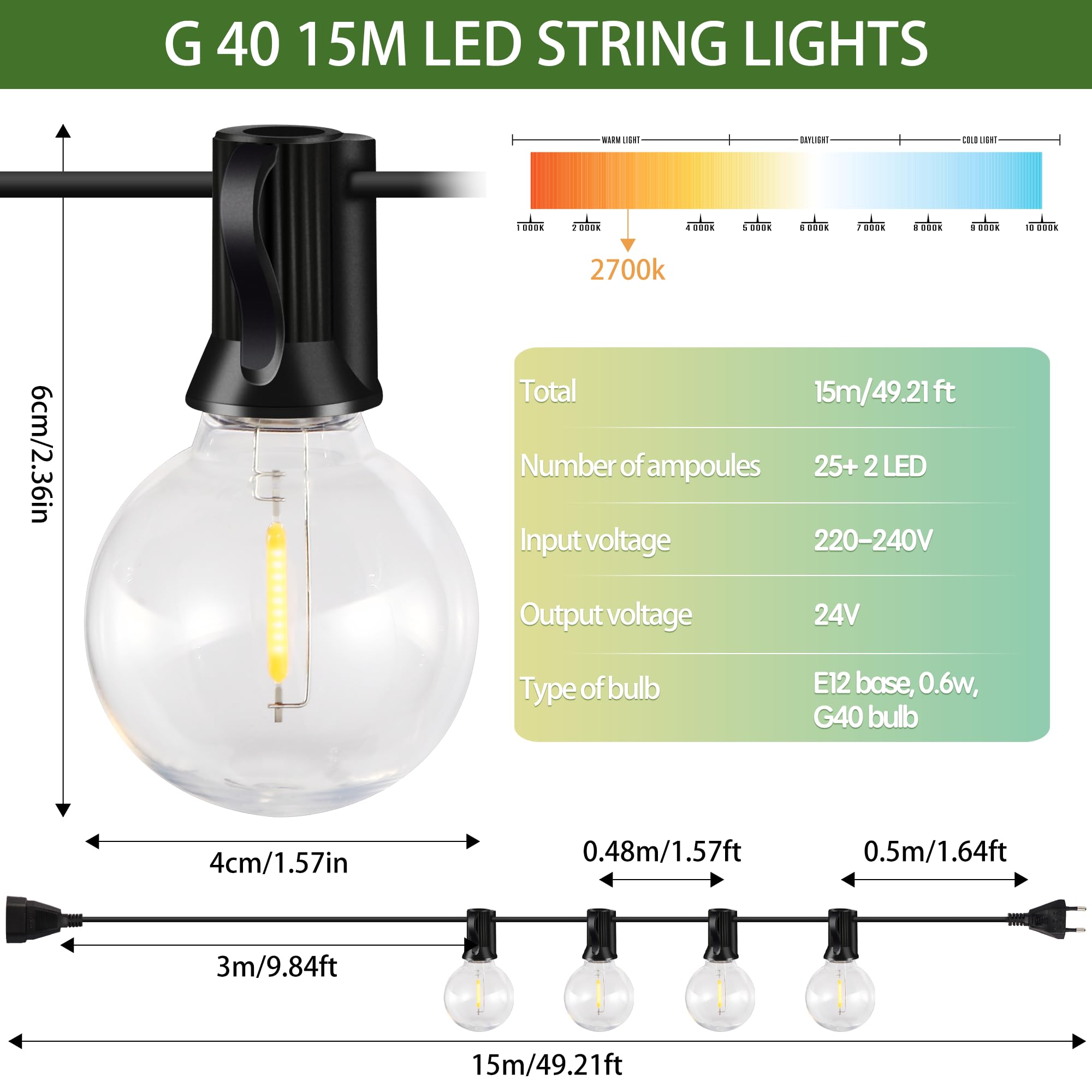15M Guirnalda Luces Exterior25+2LED, G40 Luces LED Exterior Jardin IP44 Impermeable, decoracion jardin exterior Enchufables 2700 K Blanco Cálido para Patio Jardín Cafe Fiesta