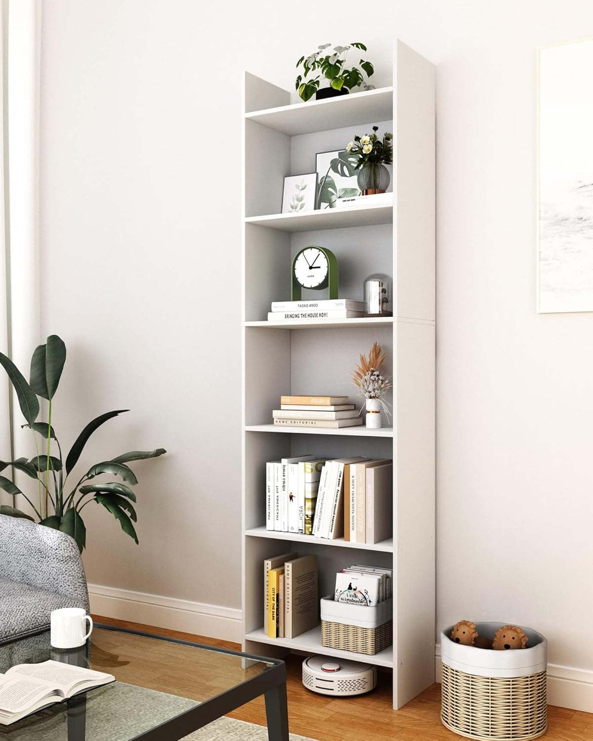 6-Tier Bookshelf, 66.9 Inches Floor Standing Bookcase, Display Storage Shelf, Corner Shelf, Home Decor Furniture for Home Office, Living Room, Bedroom, White 01103XBC