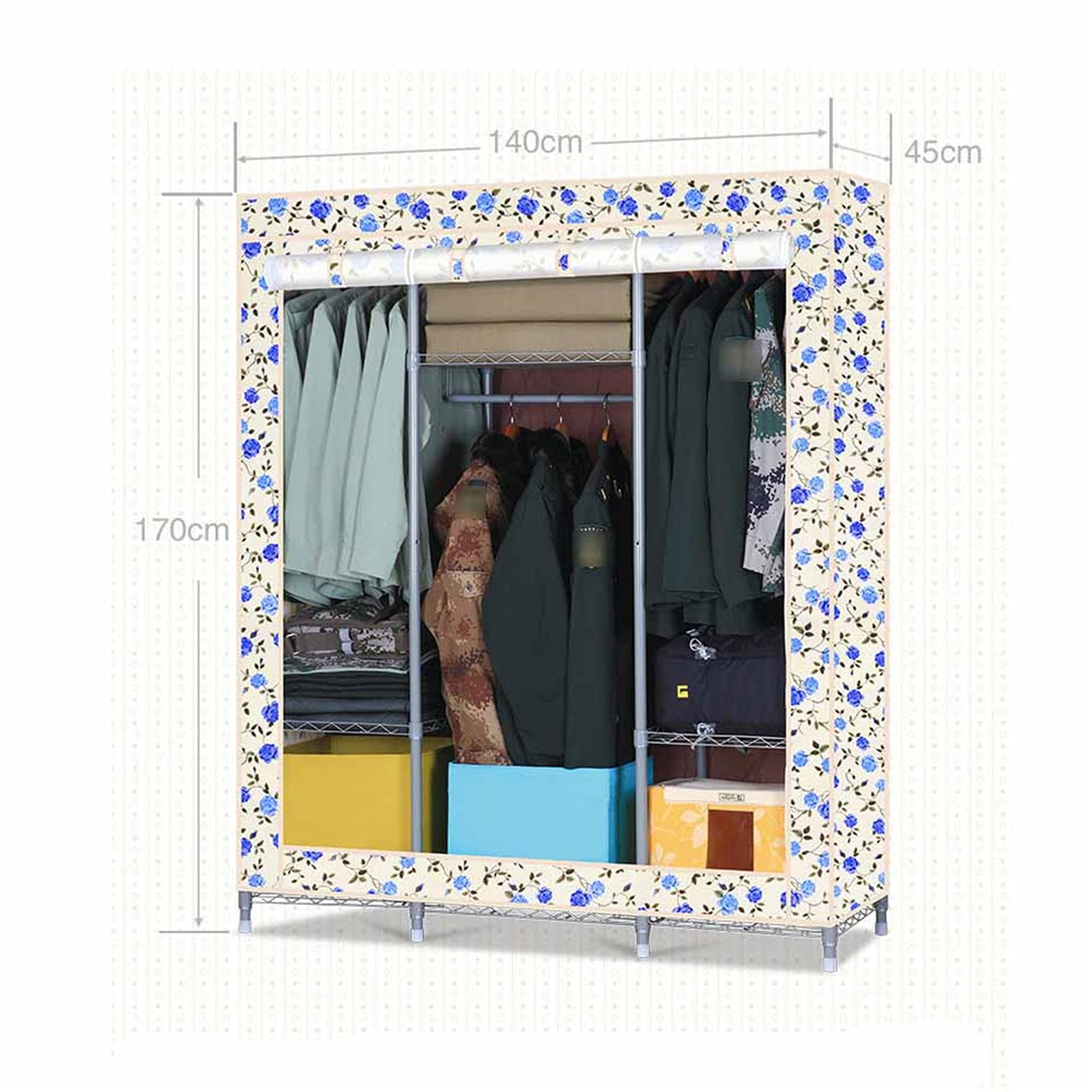Temporärer Stoff-Kleiderschrank, tragbarer Schrank, Lagerregal, Schlafsaal, Gastfamilie, Camping-Schrank, offener Schlafzimmer-Kleiderschrank, 170 x 140 x 45 cm (Größe: 170 x 140 x 45 cm, FA