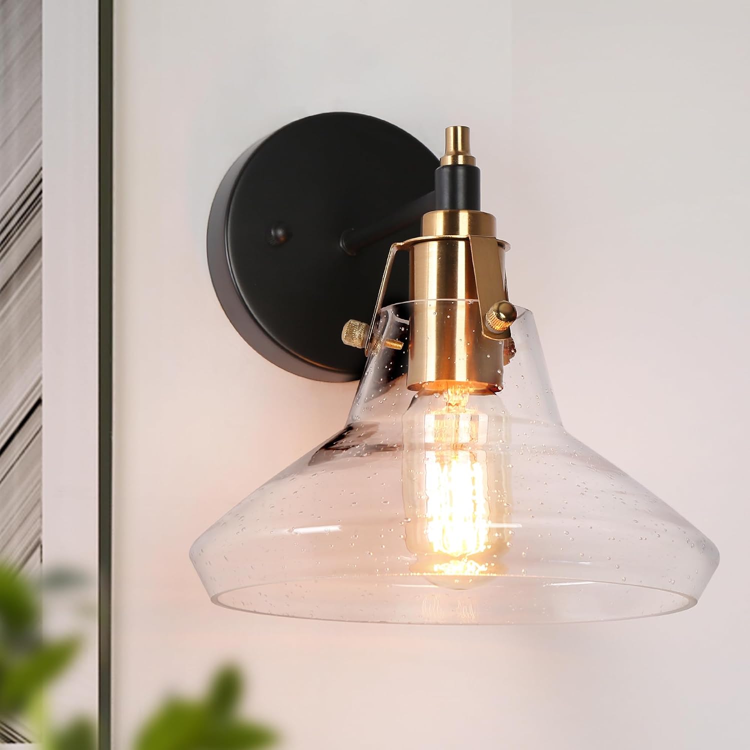 KSANA Black and Gold Sconce, Modern Wall Lighting with Seeded Glass Shade and Brass Accent for Bathroom Vanity, Bedroom, Hallway and Living Room