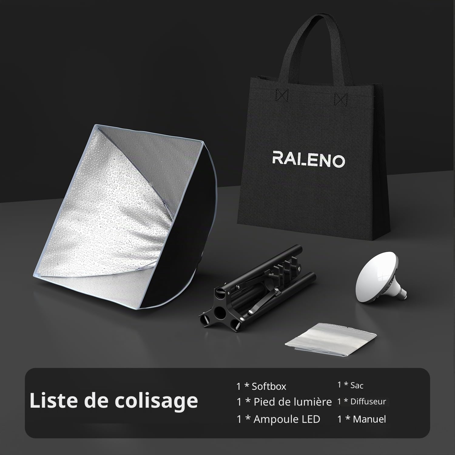 Raleno Softbox pour Studio Photo, Kit d'éclairage de Photographie, Ampoule LED 50W 5500K, avecTrépied Réglable, Éclairage pour la Photographie de Produits et l'enregistrement Vidéo