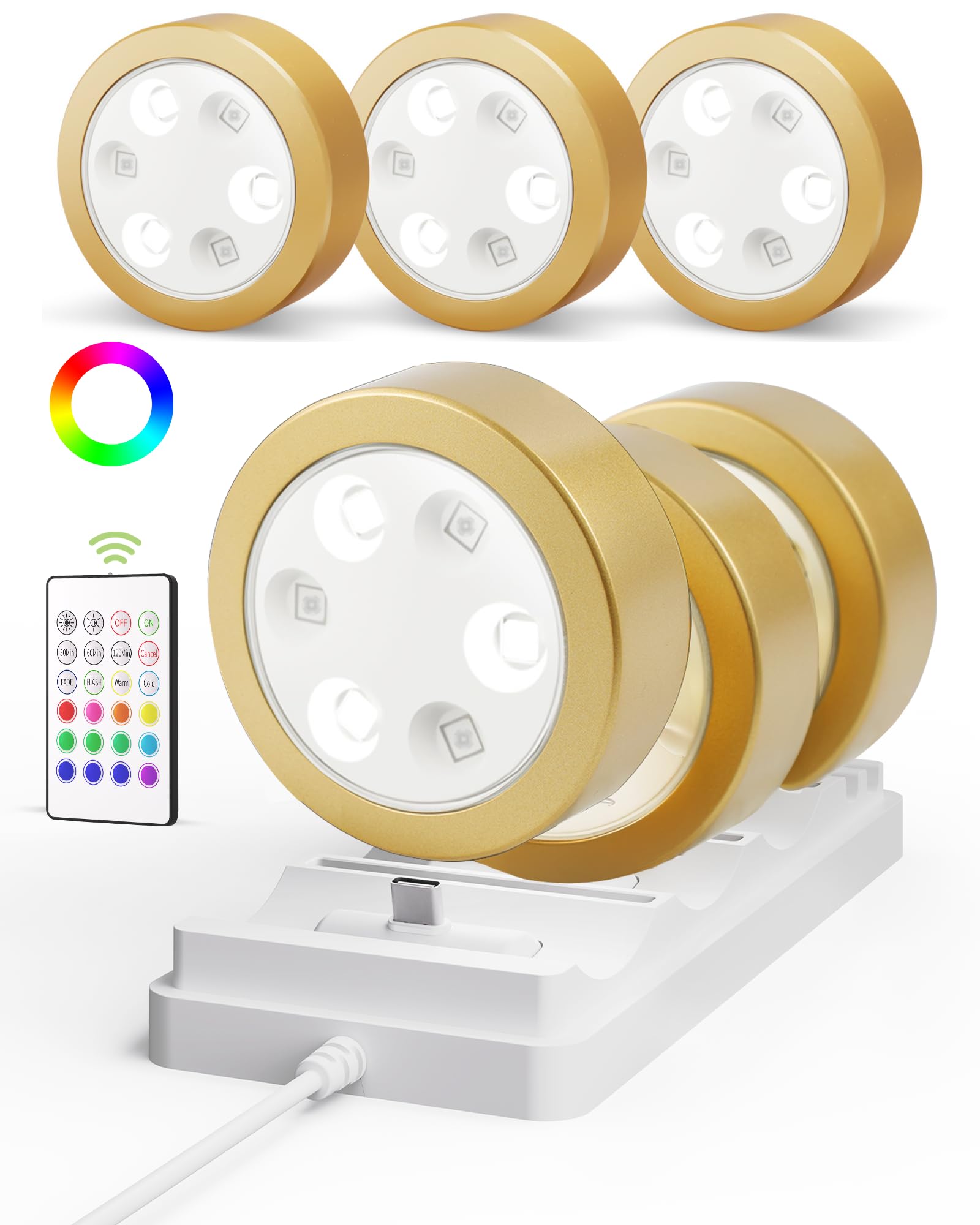 EZVALO Puck Lights with Charging Station,2000mAh Rechargeable Tap Light, Wireless14 RGB Color Closet Light,Under Cabinet Lighs,Sitck On Lights for Halloween decorations, Kitchen,Closet,Pantry(6 Packs) Gold 6 Pack with Station