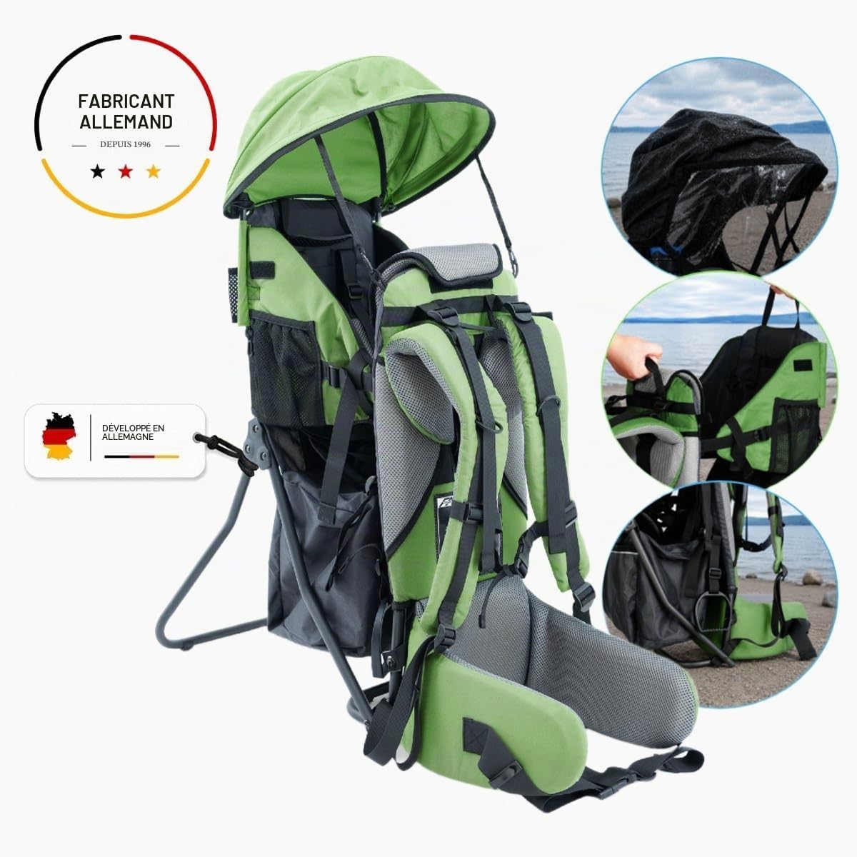 Lil' Boss Sac à Dos Porte-Bébé Randonnée Ergonomique, FASports Porte-Enfant 20–25 kg avec Capote Pluie et Soleil, 50 x 38 x 90 cm