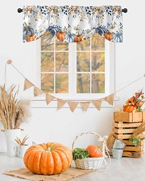 Fall Blue Pumpkins Tie Up Valance Curtains for Windows, Orange Grey Thanksgiving Kitchen Curtains Window Treatments, Maple Leaf Botanical Short Window Valances for Bedroom Bathroom 54x18