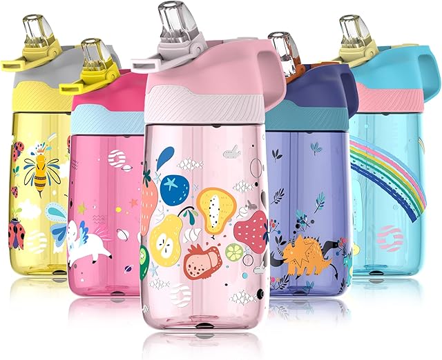 FJbottle Kids Water Bottle with Straw, BPA Free Leak Proof 450ml Drinking Bottle, Eco Friendly Tritan Sports Water Bottle for Kids, One Click Flip Lid