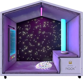 NOOK Interactive Sensory Pod for Active Stimulation with Bench, LED Light Tube, Wireless Controller, Interactive Wall Panel, UV Fiber Optic Strands, Mirror Panel, Seats 1-2, Office, Home, Classroom