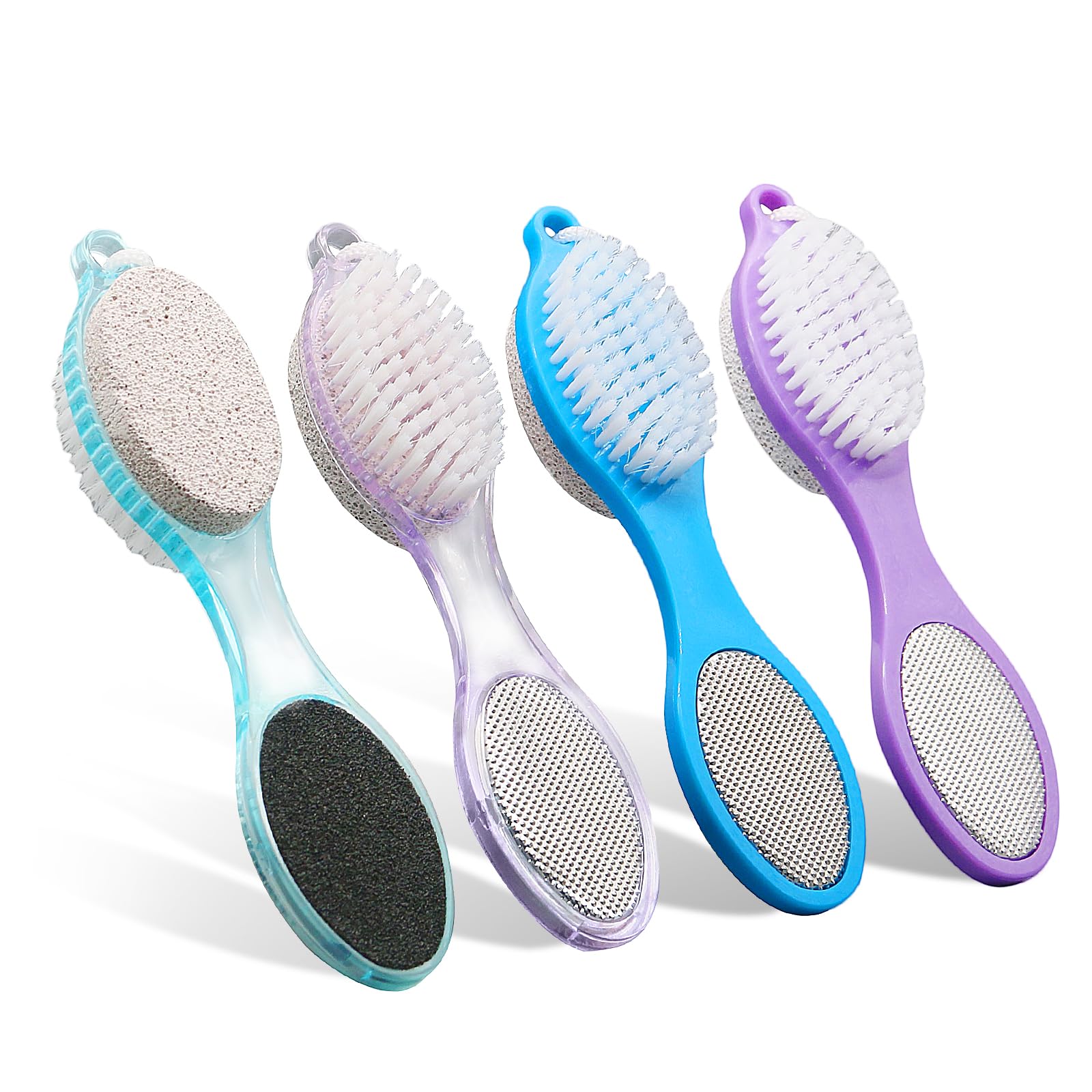 Fangze Foot Brush and Pumice Stone - 4 Pack Foot Brush Scrubber for Shower 4 in 1 Pedicure Foot File Exfoliator for Foot Care - Purple and Blue