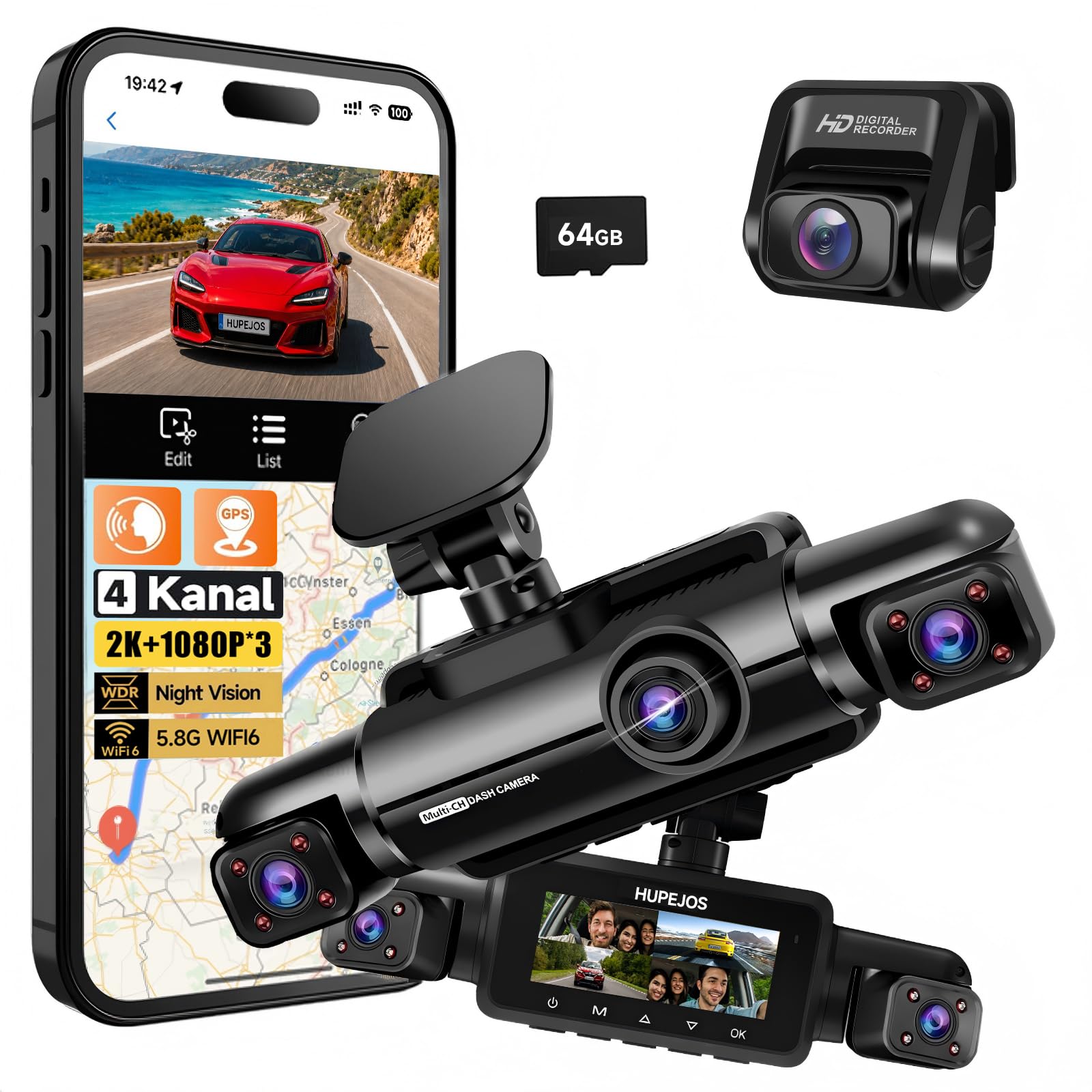 HUPEJOS 4 Kanal Dashcam Auto Vorne Hinten, 4K 360 Grad Kamera Auto, V60