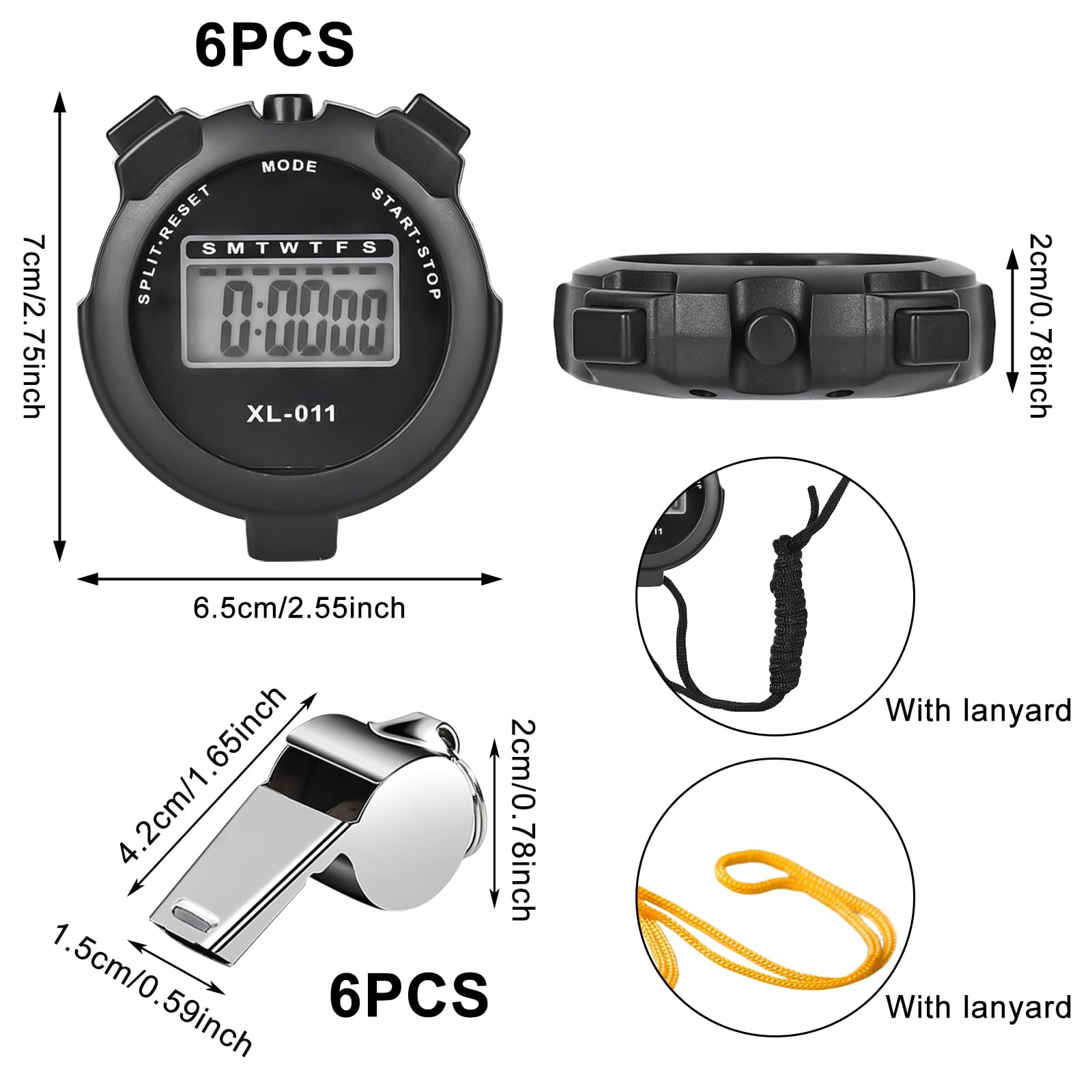 Lot de 6 chronomètres numériques de sport Étanche Réveil Calendrier Sifflets inclus Noir