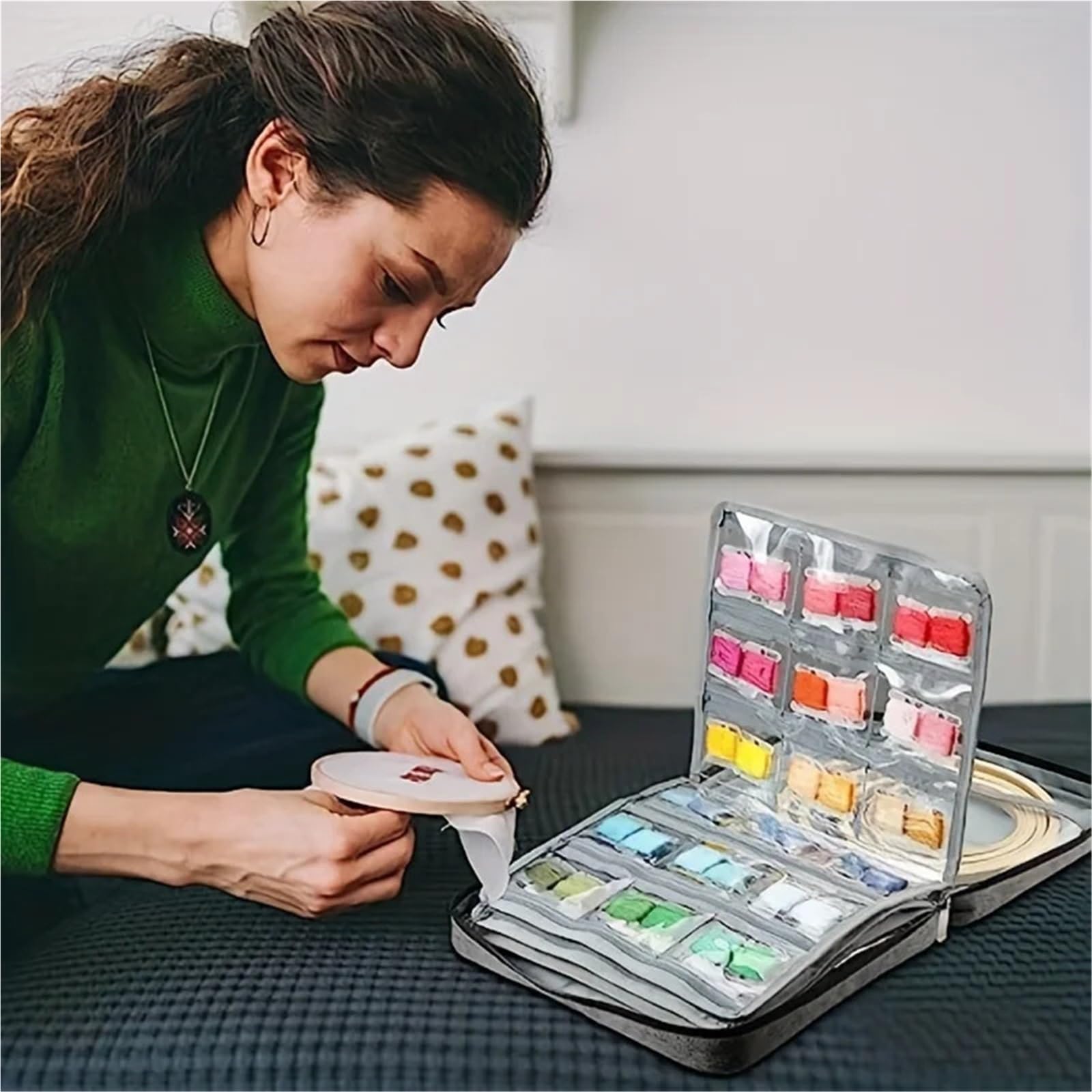 Caja de costura organizadora hilo bordar, con 4 compartimentos separados, bolsillo transparente, bordado multiusos, 1 ud
