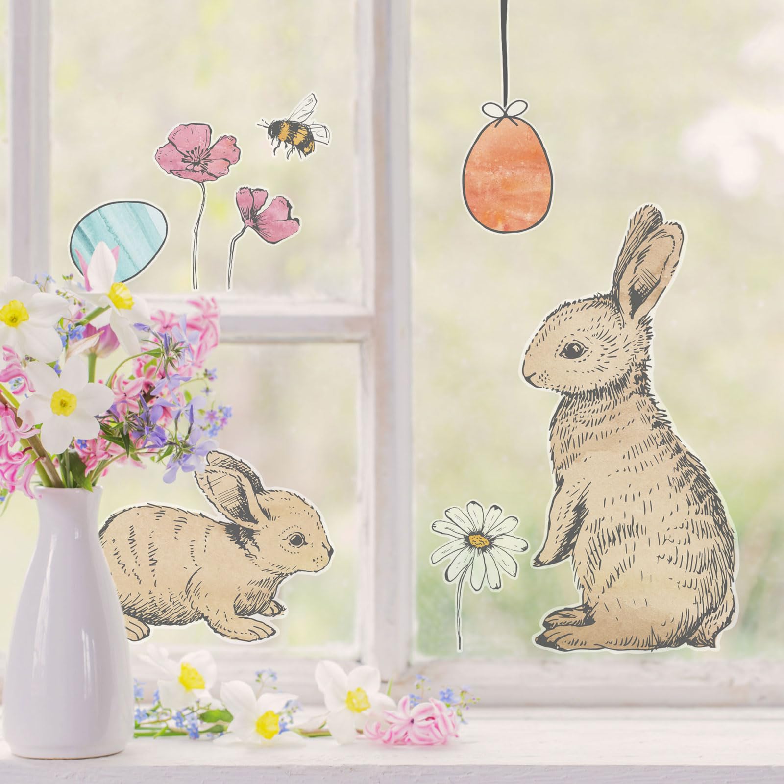 Stickerscape Spring Bunnies And Eggs Easter Window Stickers (Spring Bunnies And Eggs)| Easter Window Decal, Spring Window Decor, Spring Window Stickers, Bunny And Flower Window Sticker | Cleanly Removable And Repositionable