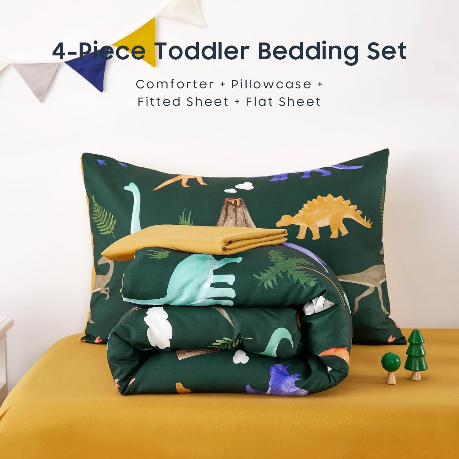Wake In Cloud - Toddler Bedding Set for Boys, 4 Pieces Soft Crib Bed Set Including Comforter, Fitted Sheet, Flat Top Sheet and Pillowcase, Colorful Jurassic Dinosaur Volcano, Dark Green