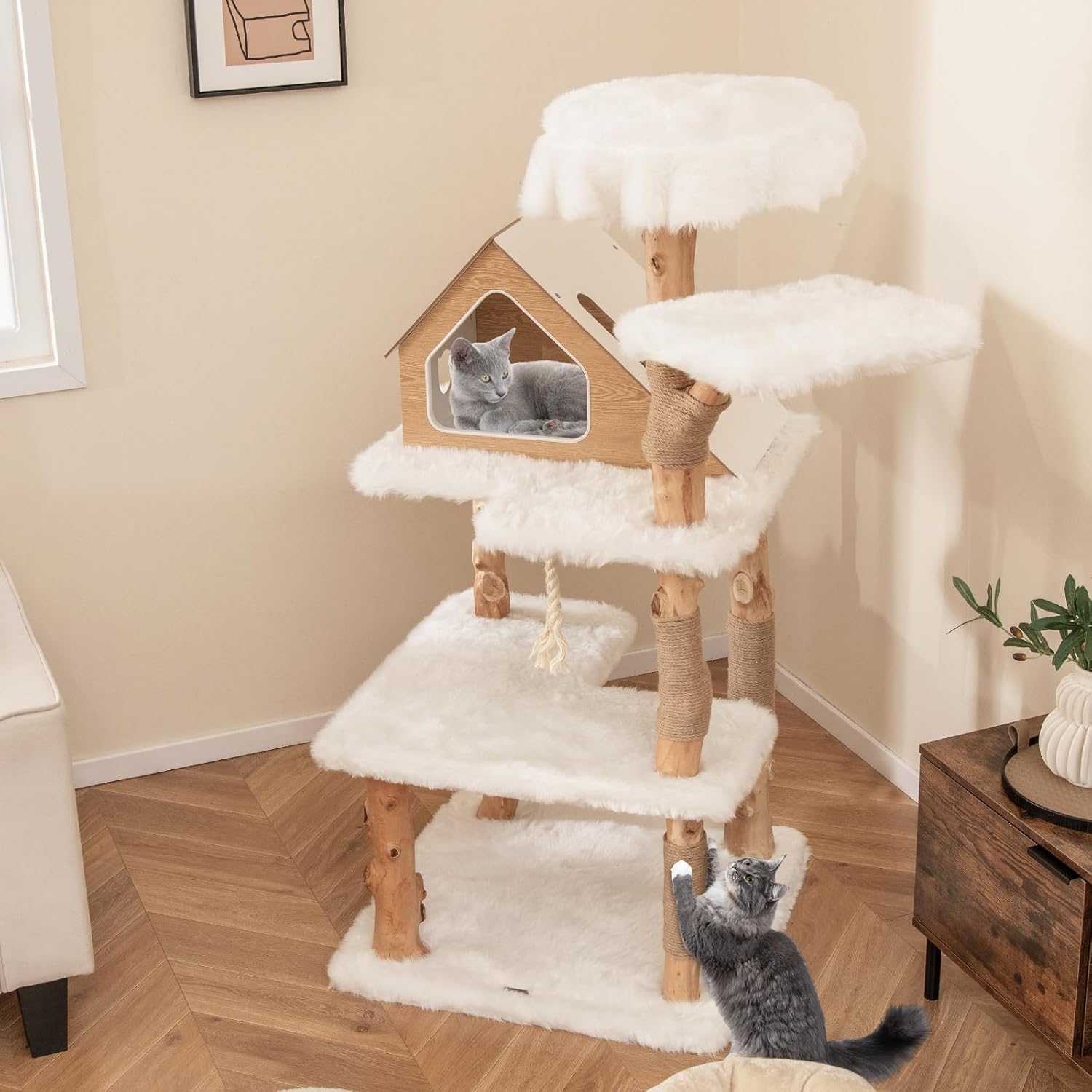 Tangkula Solid Wood Cat Tree, Modern Wooden Cat Tower with Jute Scratching Posts, 2 Perches, Condo, Sisal Rope, Soft Long Plush, 60 Inch Tall Cat Tree Tower for Indoor Cats Large Adult