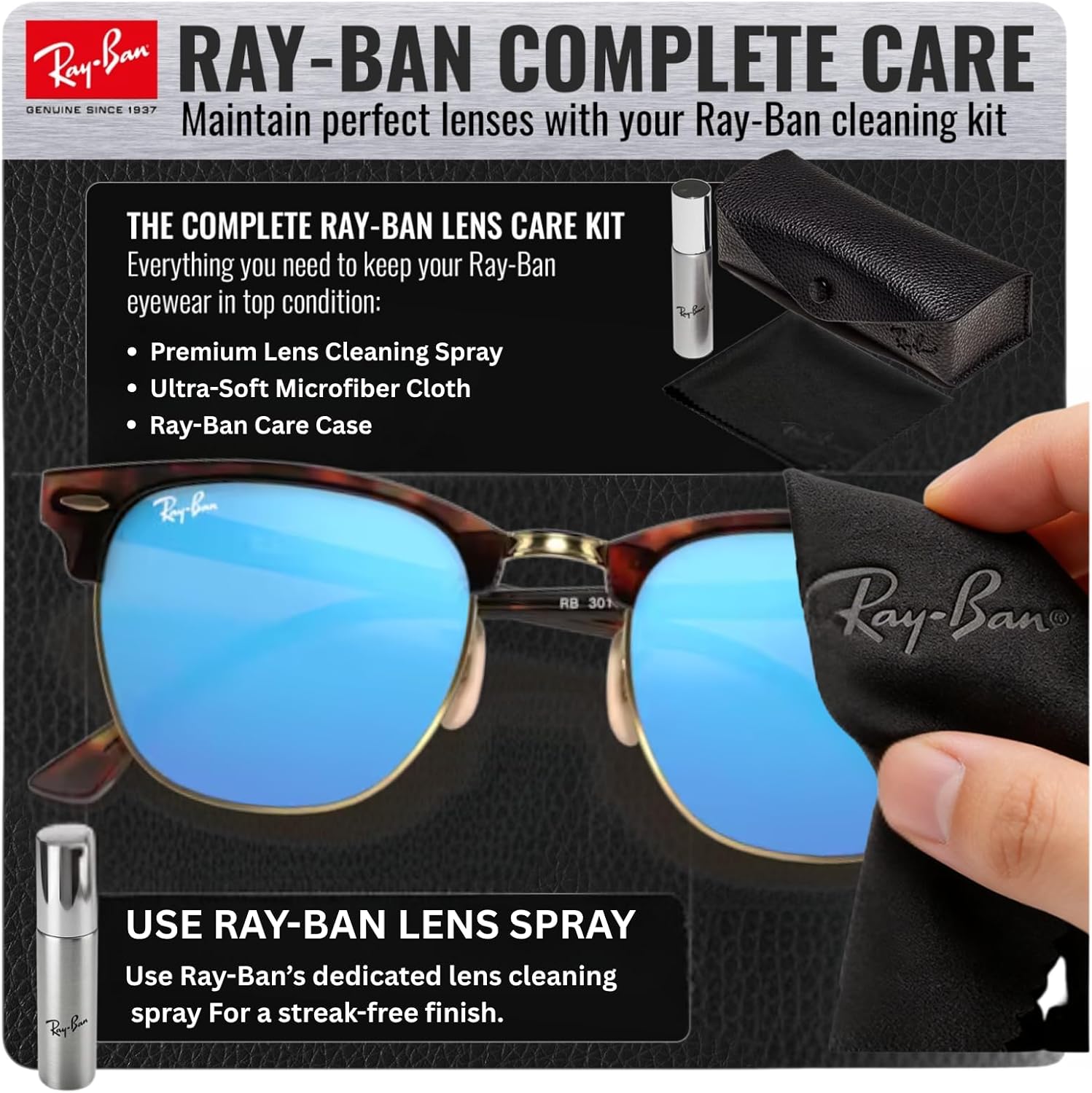 Ray-Ban RB3016 CLUBMASTER FLASH LENSES Square Shaped Sunglasses for Men & Women with Official RAYBAN Eyewear Kit