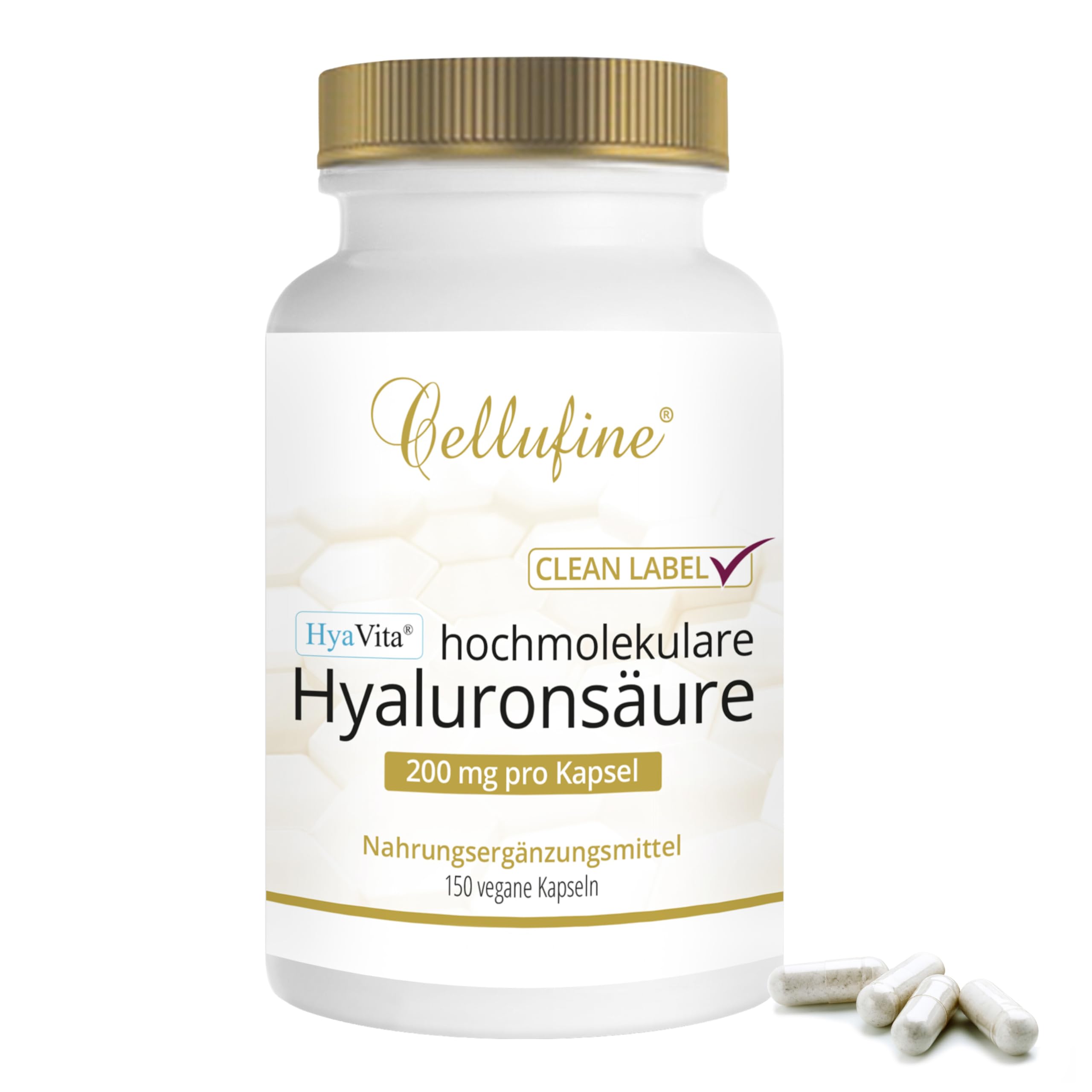 Cellufine® HyaVita Hyaluronsäure 150 Kapseln – hochdosiert, hochmolekular, glutenfrei, vegan – 150 glutenfreie Kapseln mit HyaVita Hyaluronsäure I natürlich & ohne Konservierungsstoffe