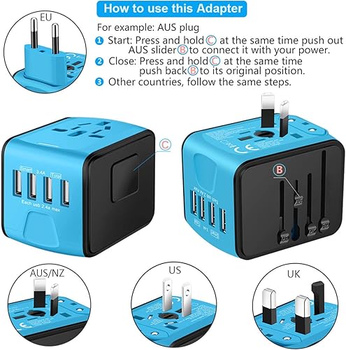 Miniatura 5 de Adaptador de corriente de viaje internacional universal con cargador de pared inteligente de alta velocidad 2.4A 4xUSB, adaptador de enchufe de