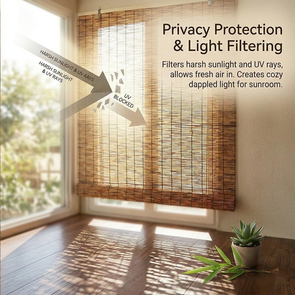 Bamboo Roller Shades for Outdoor Patio, Blackout Roll Up Blinds, Outside Waterproof Sun Shade, Privacy Blinds for Porch, 24" 36" 48" 60" 72" Wide Natural Reed Patio Shades(30" W x 84" H)