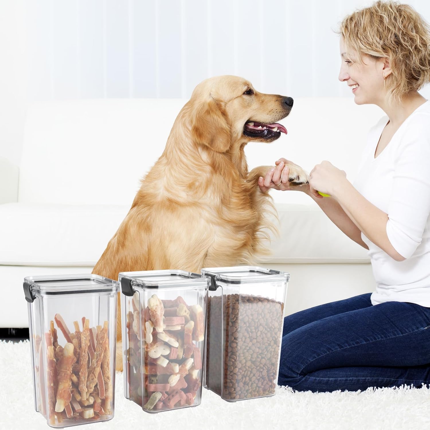 3-Piece Pet Food Storage Container Set with Lock Clip, Black, Custom Labels and Pen, for Dog, Cat, Bird Snacks