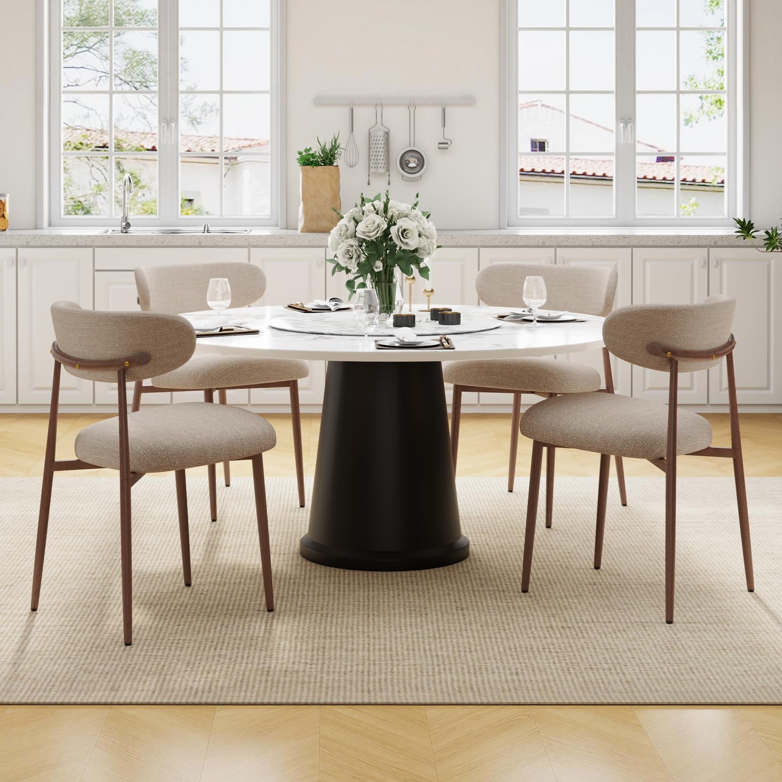 Lot de 4 Chaises de Salle à Manger, Chaises de Cuisine en Tissu Chenille, Fauteuil Salon Rembourrée avec Cadre en Métal en Noyer pour Salle à Manger Salon Cuisine Terrasse, Camel