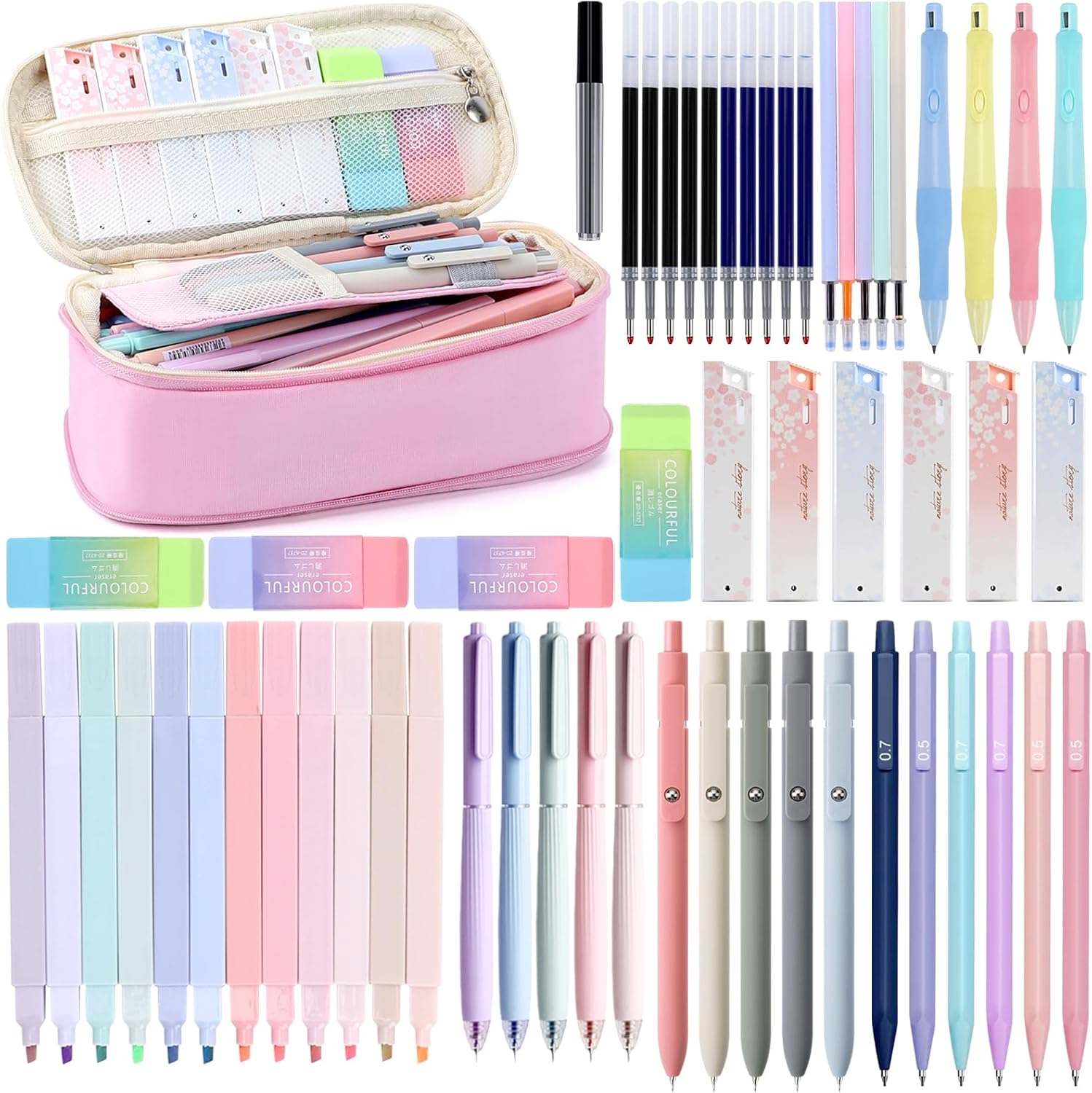 YOPCDJ 59 PCS Aesthetic School Supplies with Cute Pencil Case, Pastel Highlighters Black Ink Gel Pens Art Pencils Kit, Back to School Supplies College Essentials Preppy Stationary Set