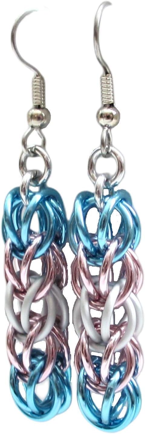 Transgender pride earrings, handmade chainmail LGBTQIA jewelry; pink, white, blue
