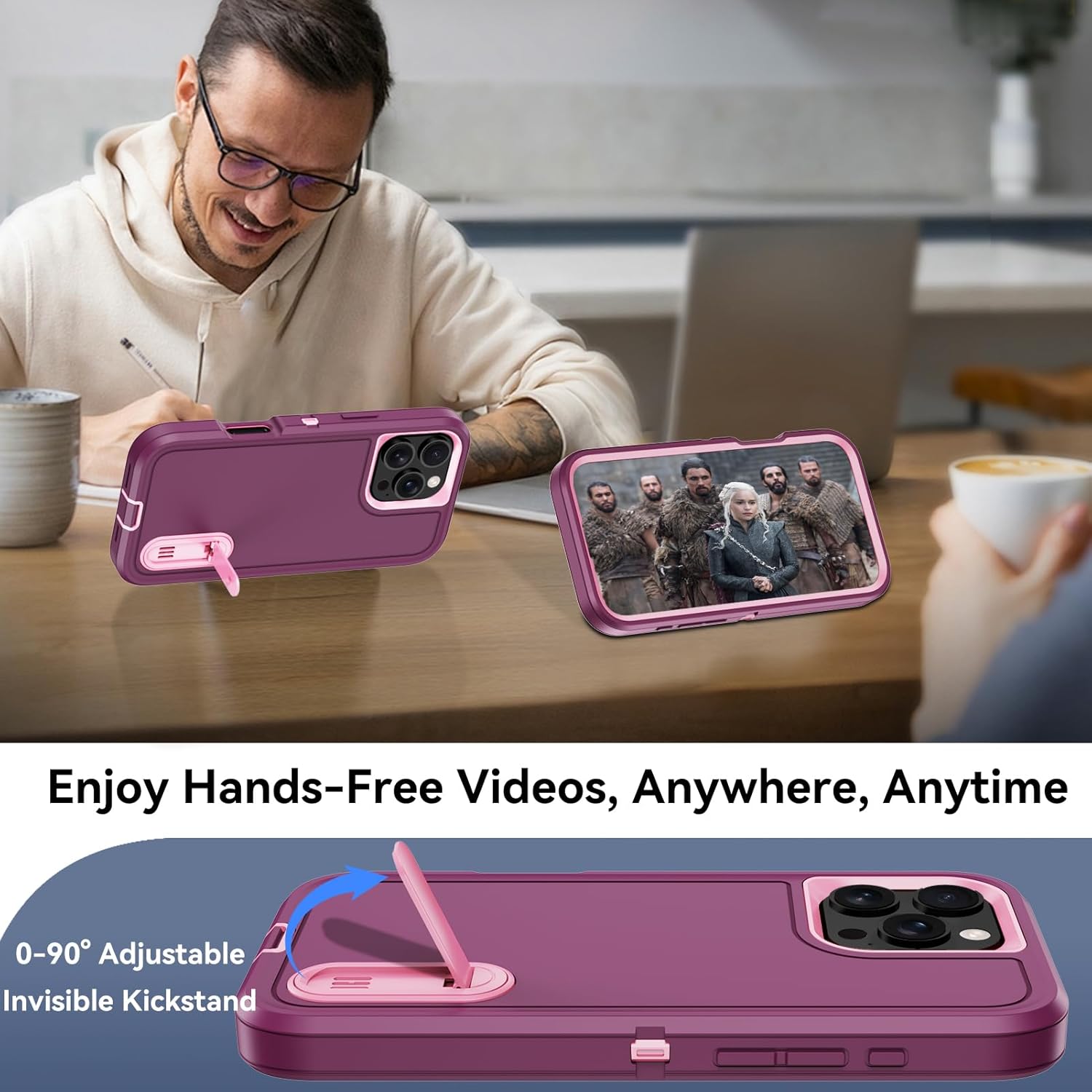 for iPhone 16 Pro Max Case with Built-in Invisible Kickstand,[2* Screen Protector] Military-Grade Protection Shockproof Protective Cover Rugged Stand Phone Case for iPhone 16 Pro Max (Wine) - Image 4