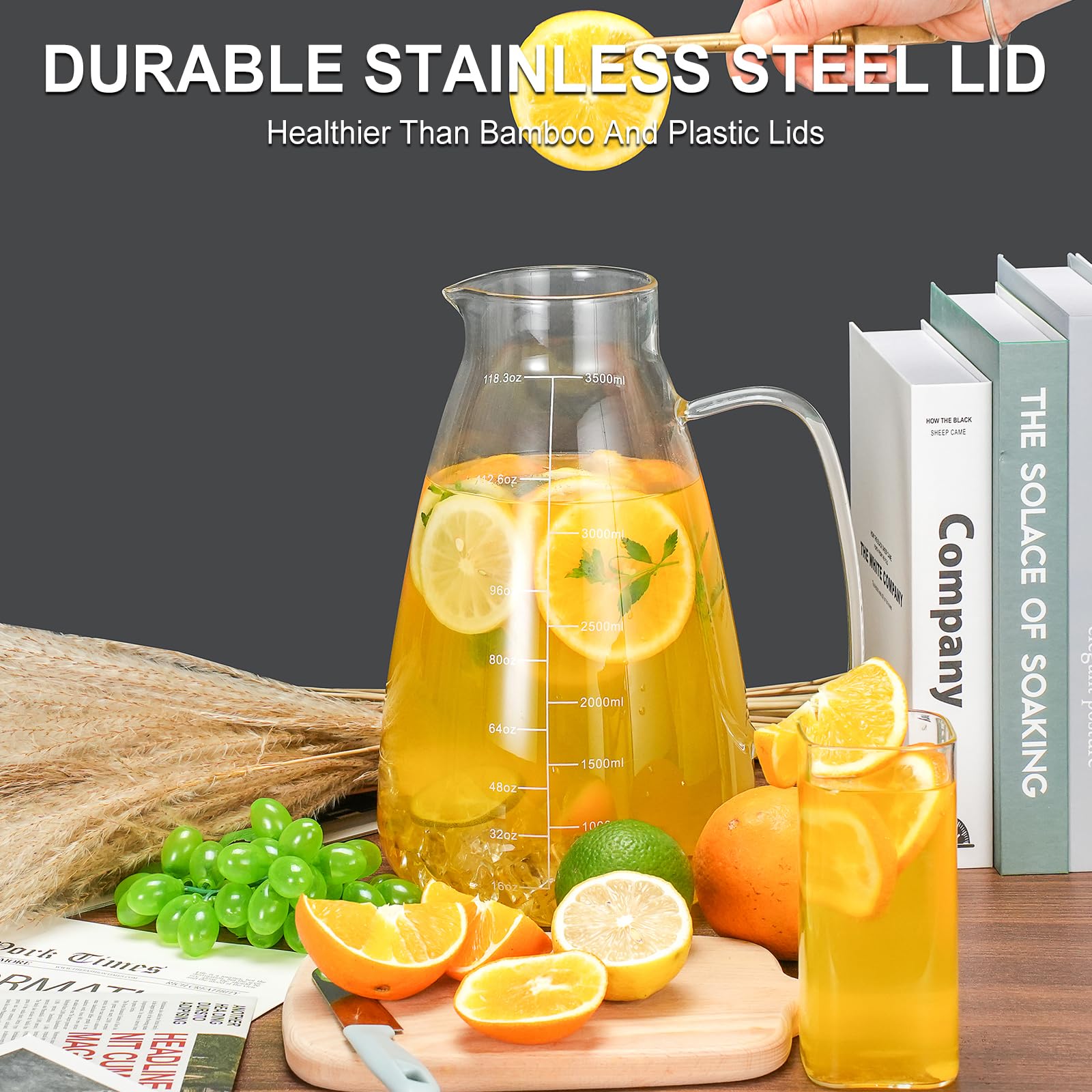 Jarra de vidrio con tapa, jarra de agua de vidrio de 125 onzas con línea de escala precisa, jarra de té helado grande de acero inoxidable, vidrio de borosilicato grueso fácil de limpiar para bebidas