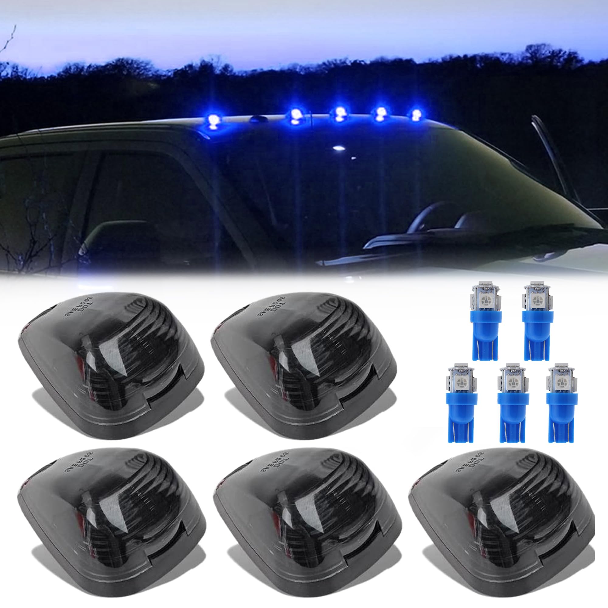 5X Black Smoke Lens Cab Roof Marker Running Lamps Compatible with Blue LED Lights for Ford F150 F250 F350 F450 F550 F650 F750 E150 E250 E350 E450 1999-2016 - Super Duty Pickup Trucks