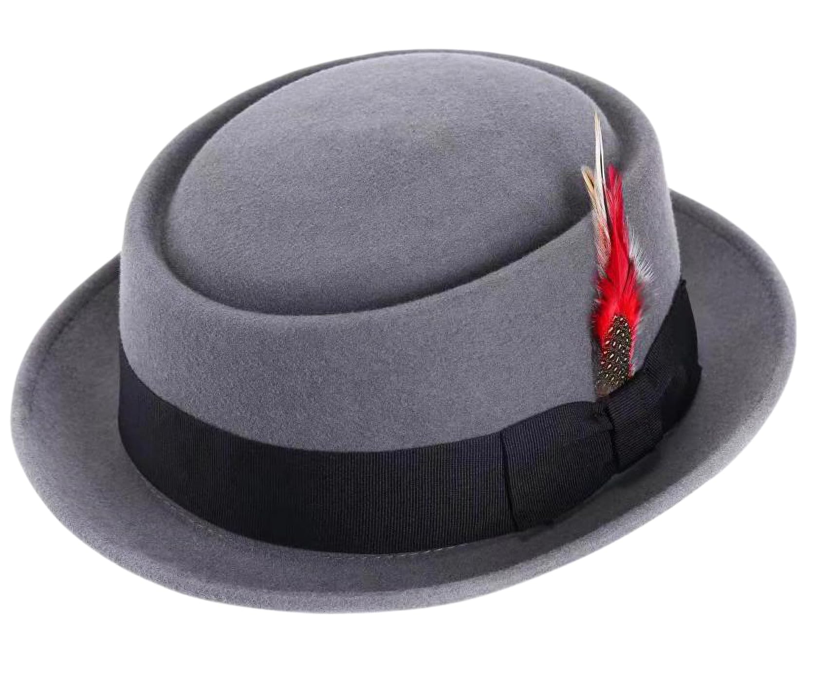 Itzu Men's Wool Pork Pie Trilby Hat Band with Removable Feather (Grey - 7 1/4-59cm)