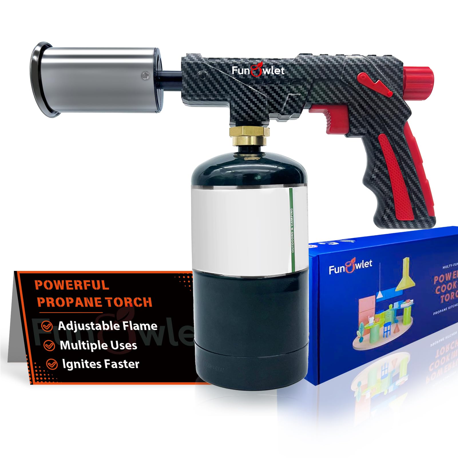 FunOwlet Cooking Propane Torch Lighter - Powerful Culinary Kitchen Torch Head, Sous Vide, Charcoal Lighters Campfire Starter, Flame Thrower Fire Grill Gun for Searing Steak, Creme Brulee, BBQ