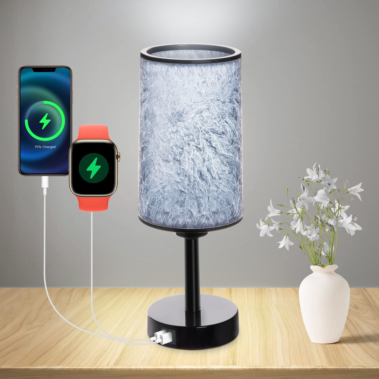 JASMINER Grey Bedside Lamp Table Hard Resin Touch Control Lamp with USB C&A Charging Ports Marble Texture Small Nightstand for Livingroom Bedroom Read Office Work