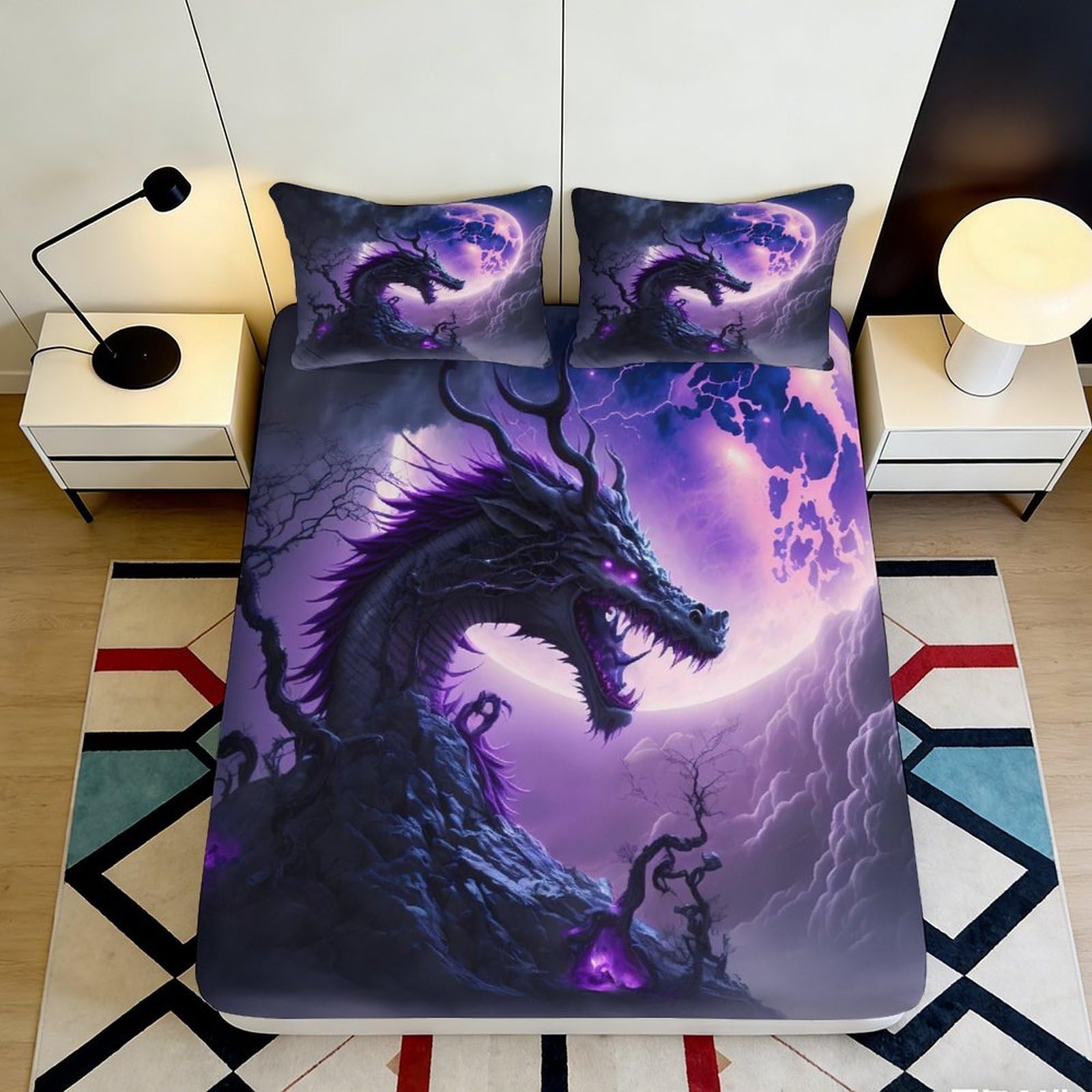3D Printed Purple Dragon Moon Fitted Sheet Microfiber Soft Non-Slip Bed Cover for Bedroom Dorm Mattress Decor 90x200x25cm